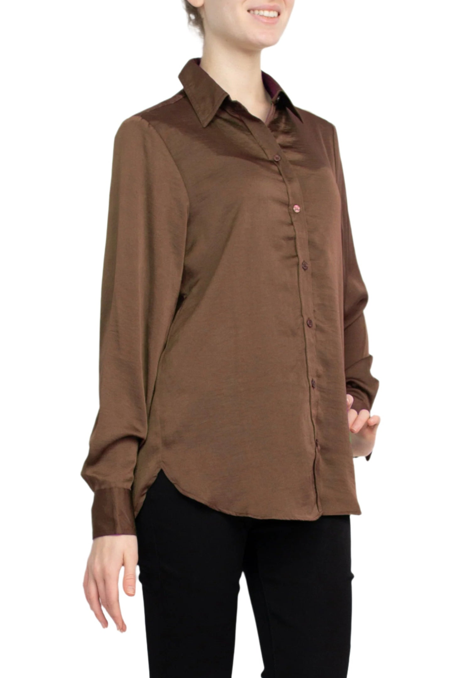M Magaschoni Collar Neck Long Sleeve Front Button Detail Silk Top - WALNUT - Side