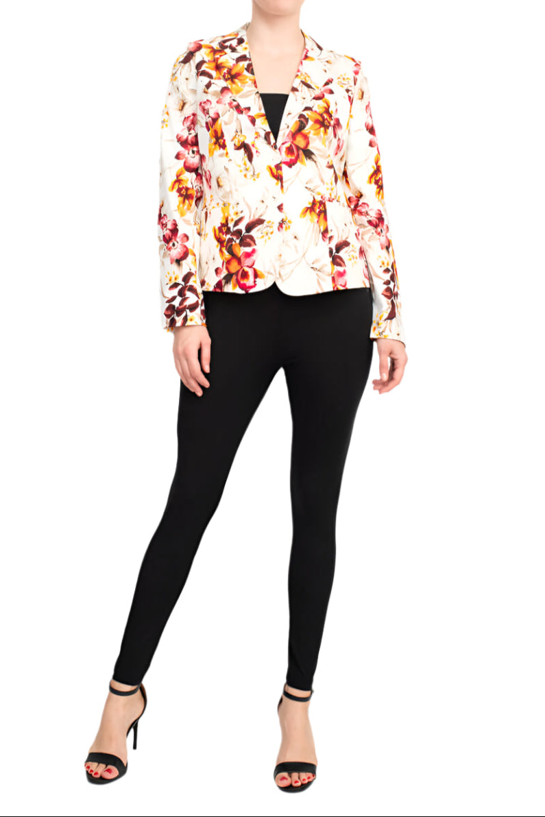 Premise Notched Collar Long Sleeve 2 Button Closure Floral Print Cotton Blend Blazer - FLORAL MULTI - Front Full View