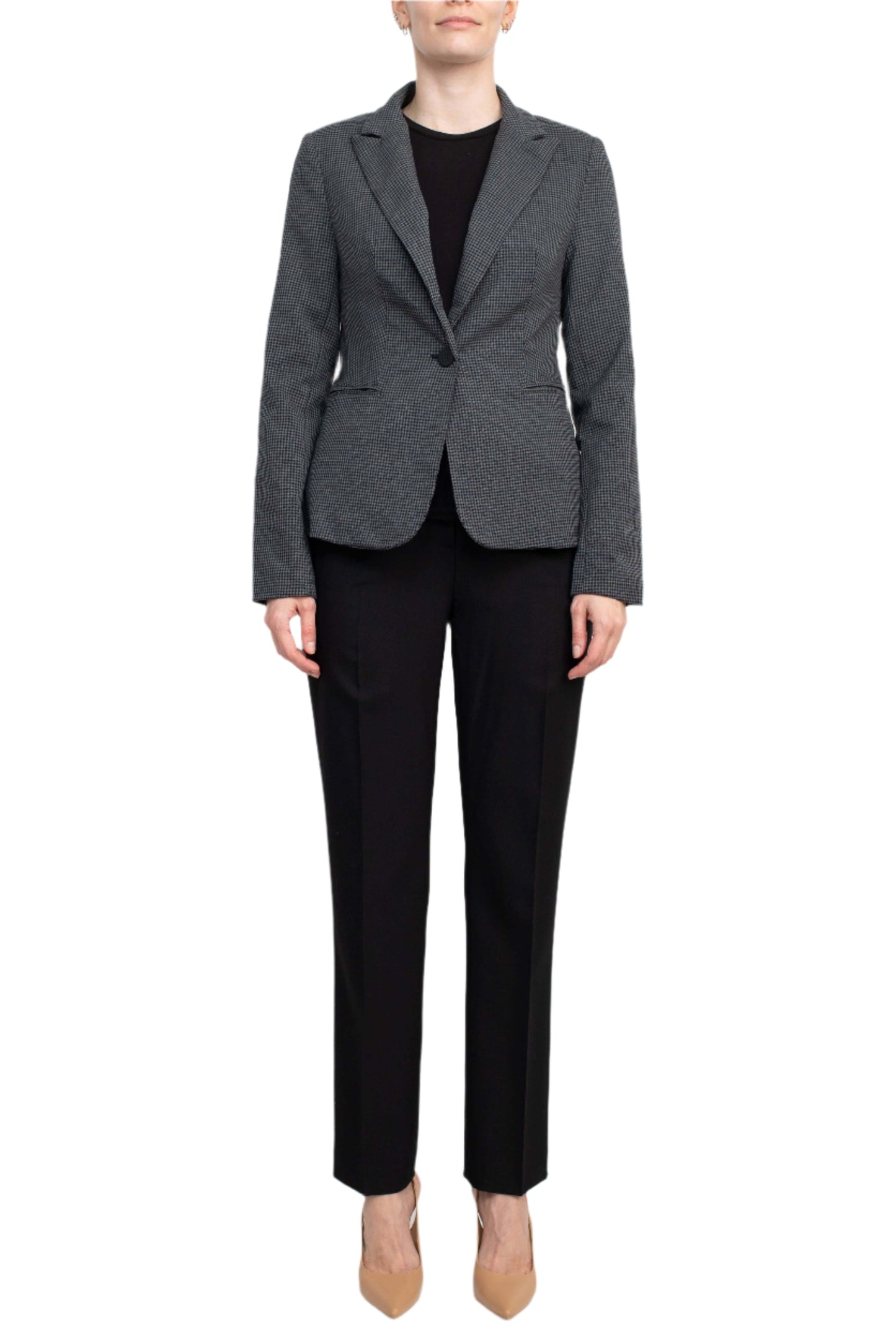 Premise Notched Collar One Button Knit Blazer - GREY BLACK GLEN - front full view