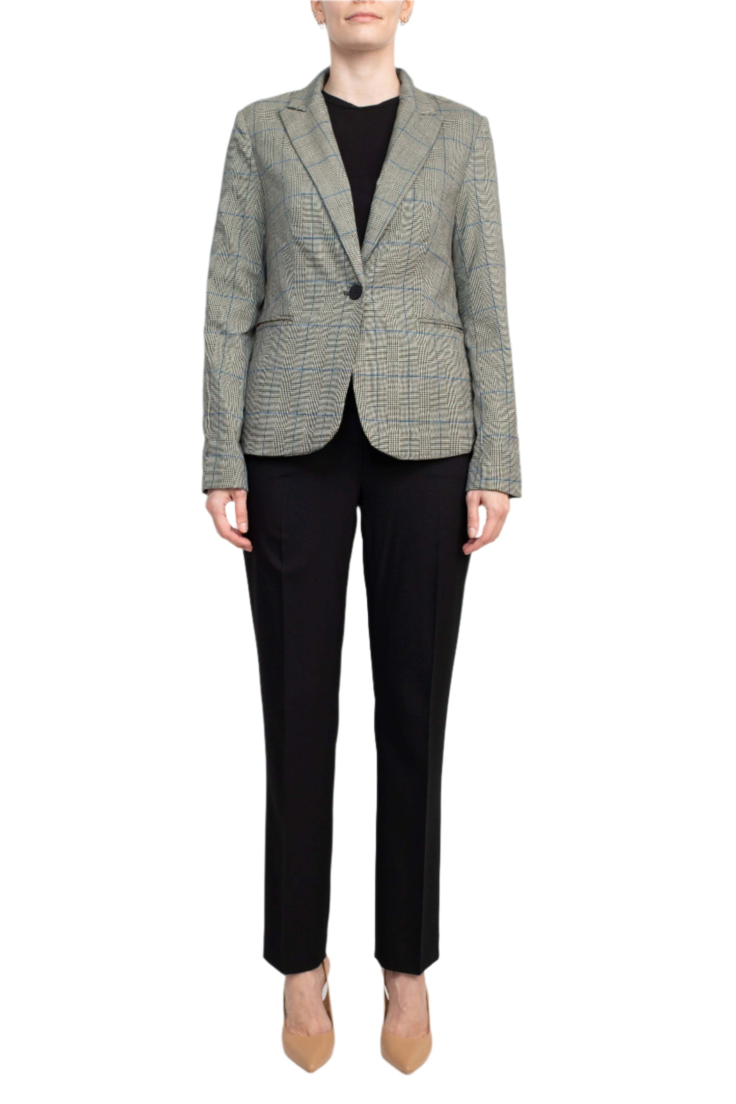 Premise Notched Collar Long Sleeve One Button Knit Blazer - BLUE GREY GLEN - front full view