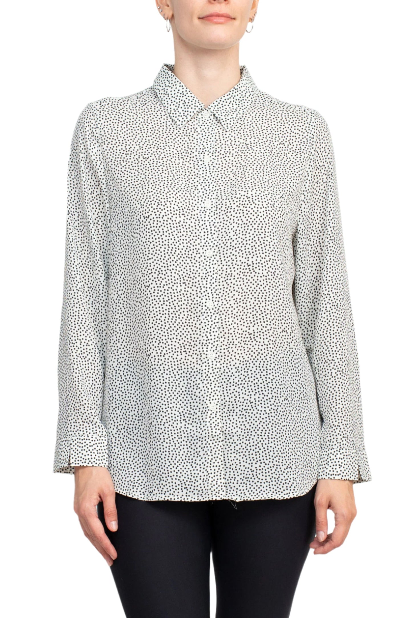 Grand & Greene Collar Neck Button Detail Long Sleeve Printed Crepe Top - BLACK WHITE - Front