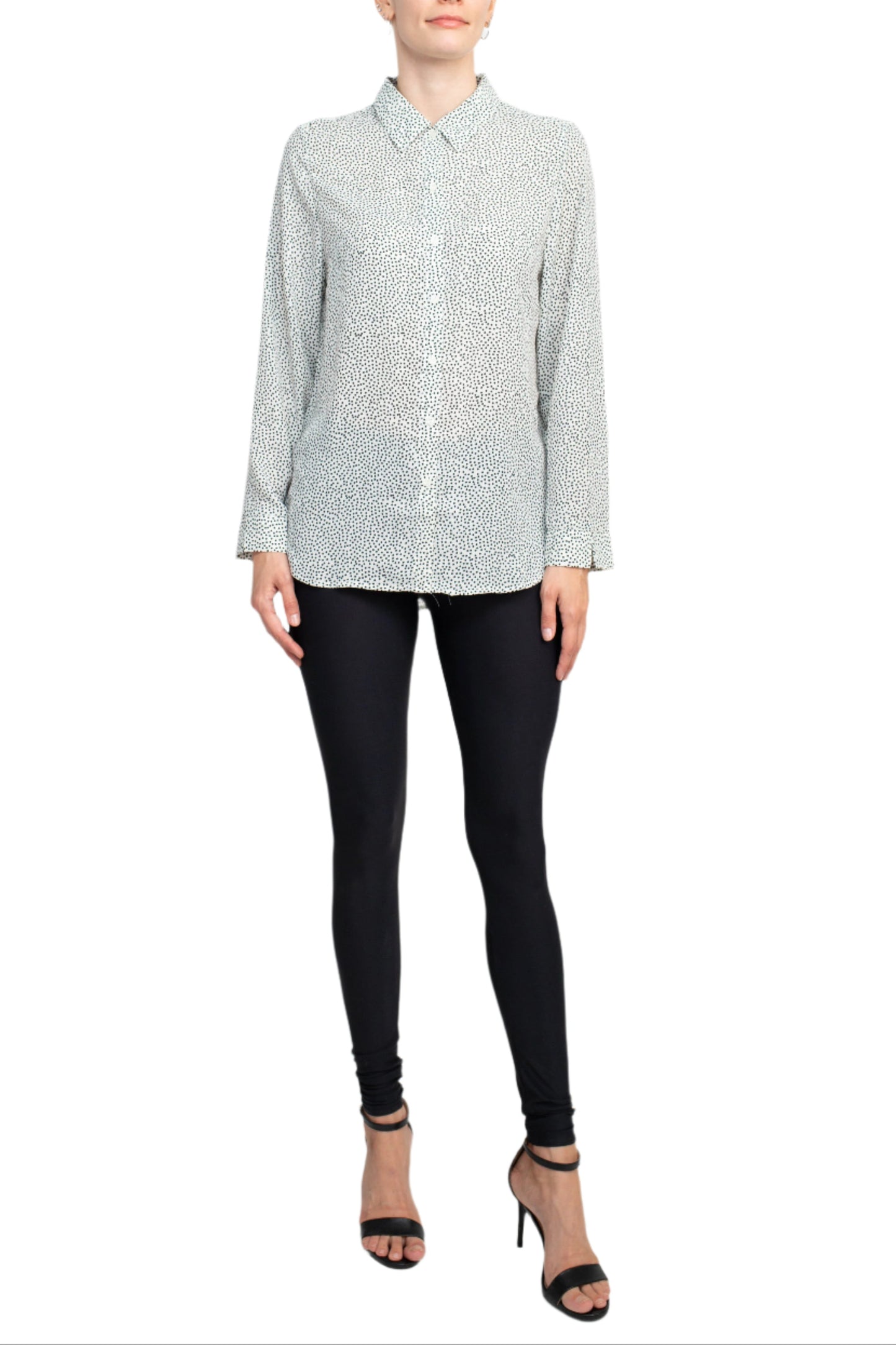 Grand & Greene Collar Neck Button Detail Long Sleeve Printed Crepe Top - BLACK WHITE - Front Full View