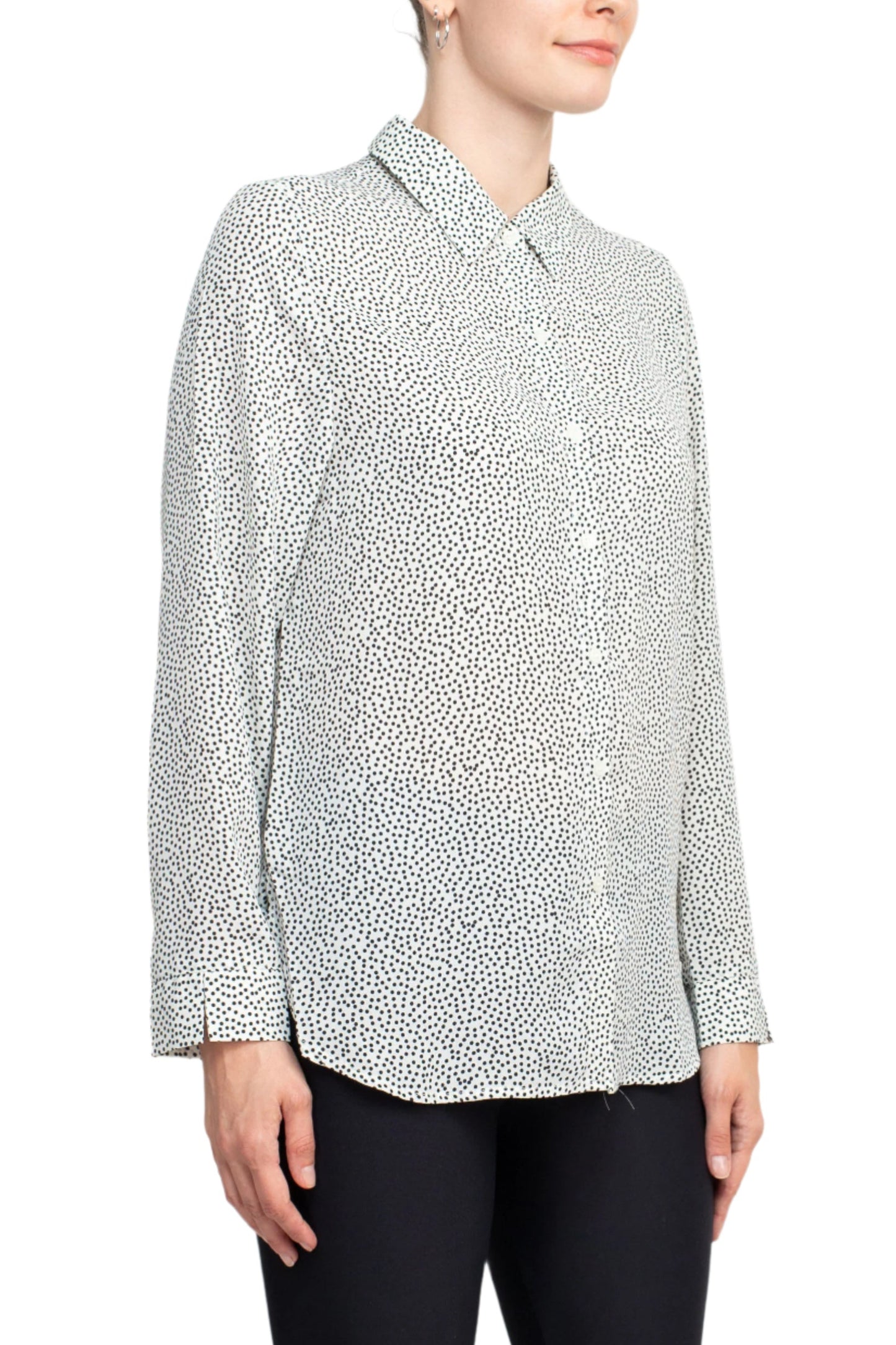 Grand & Greene Collar Neck Button Detail Long Sleeve Printed Crepe Top - BLACK WHITE - Side