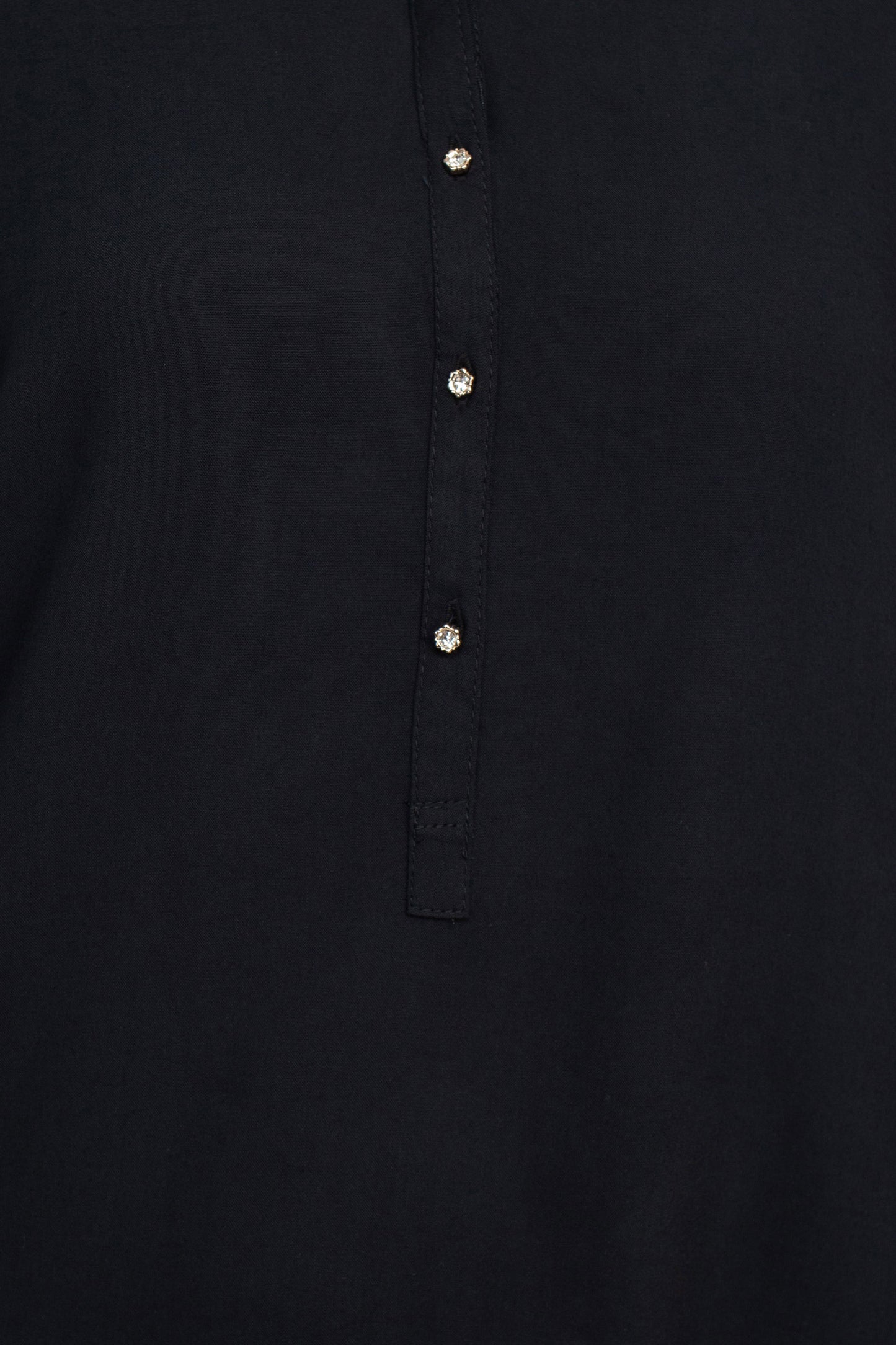 Grand & Greene V-Neck Rhinestone Button Detail 3/4 Bishop Sleeves with Elastic Cuffs Rayon Top - BLACK - Fabric