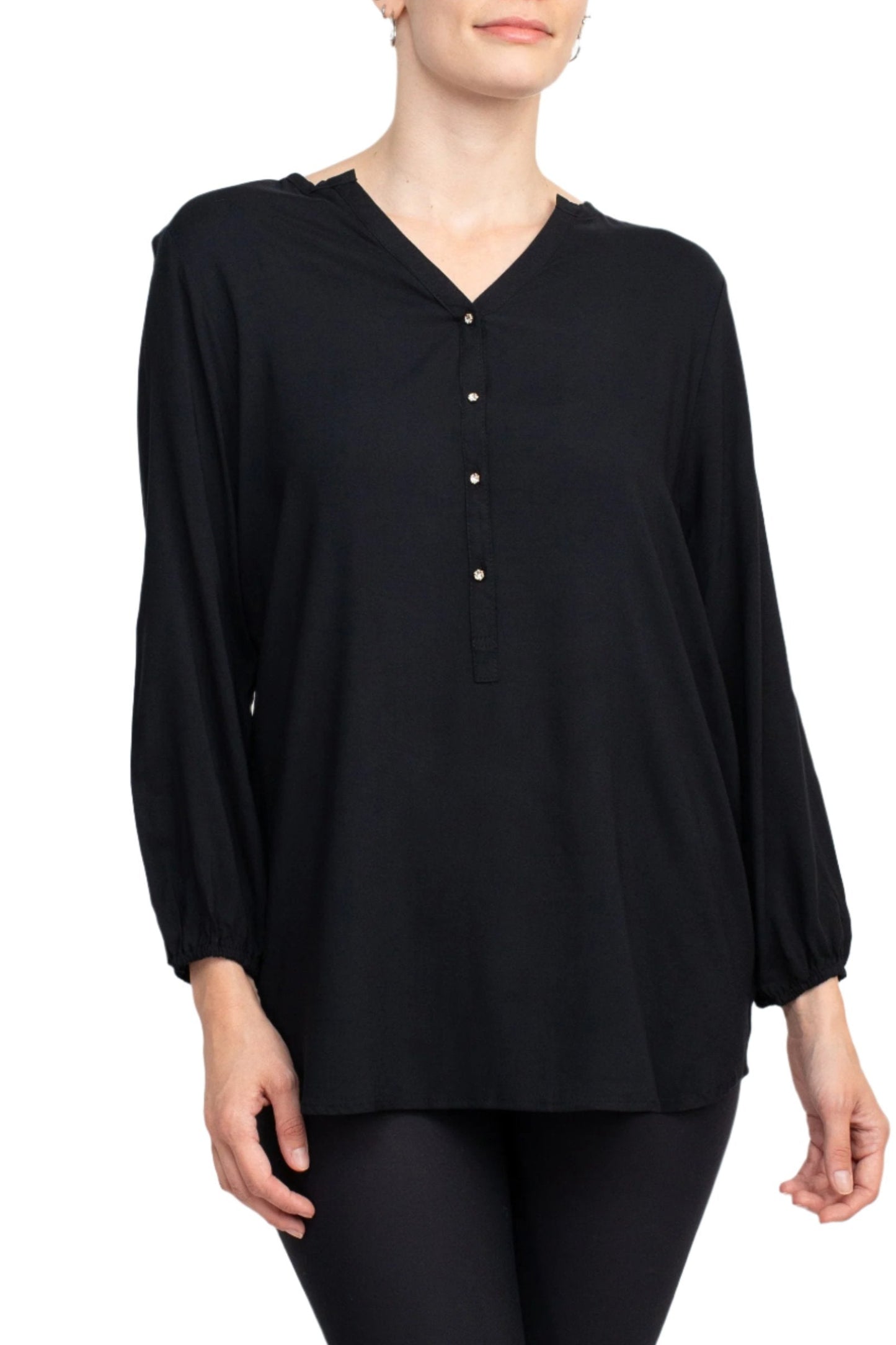 Grand & Greene V-Neck Rhinestone Button Detail 3/4 Bishop Sleeves with Elastic Cuffs Rayon Top - BLACK - Front