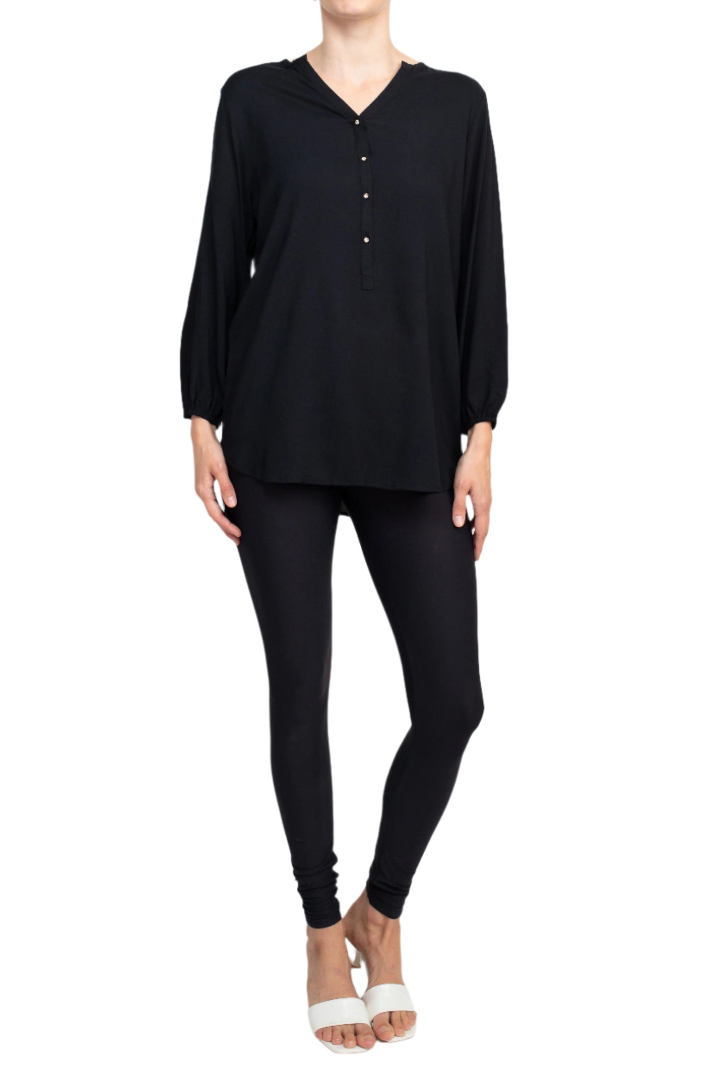Grand & Greene V-Neck Rhinestone Button Detail 3/4 Bishop Sleeves with Elastic Cuffs Rayon Top - BLACK - Front Full View