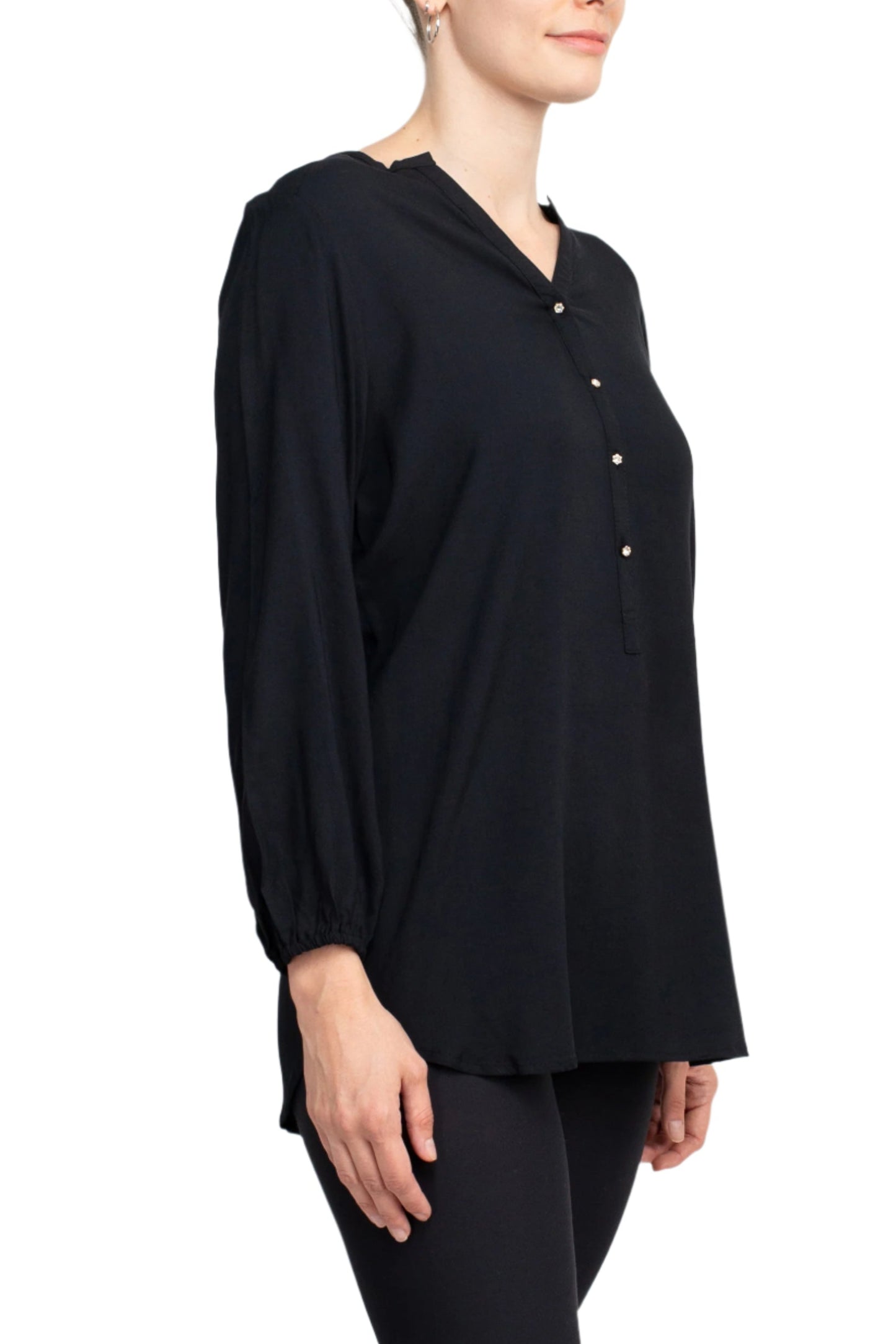 Grand & Greene V-Neck Rhinestone Button Detail 3/4 Bishop Sleeves with Elastic Cuffs Rayon Top - BLACK - Side