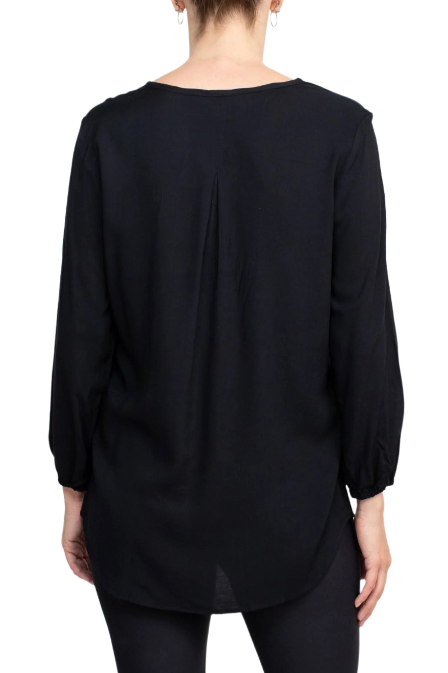 Grand & Greene V-Neck Rhinestone Button Detail 3/4 Bishop Sleeves with Elastic Cuffs Rayon Top - BLACK - Back
