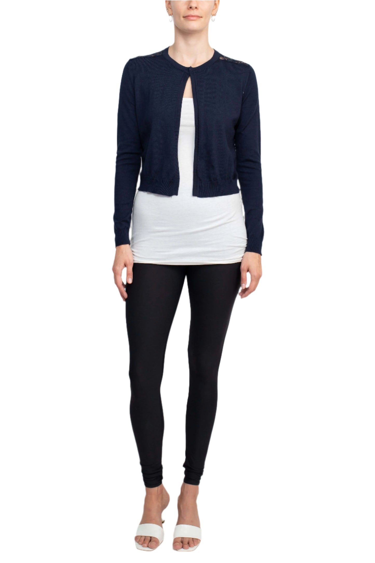 Luxxe Lane Crew Neck Long Sleeve Lace Back Hook Closure Knit Cardigan - NAVY - front full view