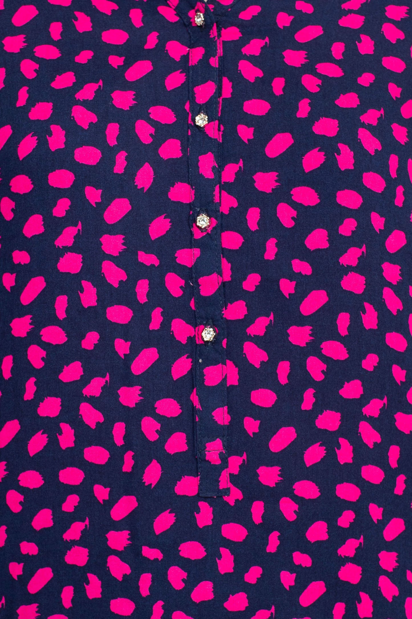 Grand & Greene V-Neck Rhinestone Button Detail Long Bishop Sleeves with Elastic Hem Printed Rayon Blouse - NAVY PINK - Fabric