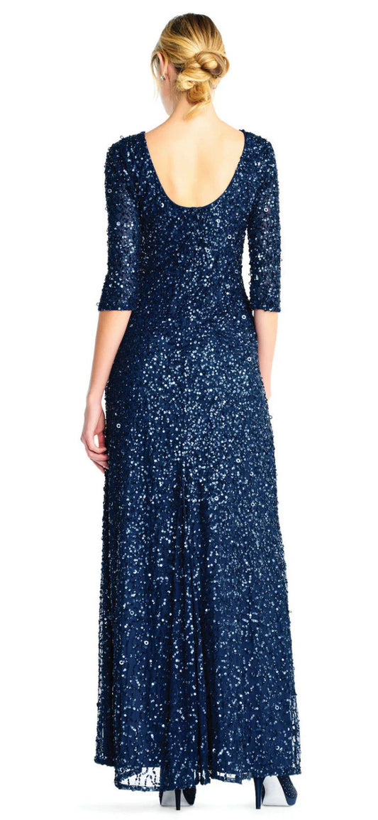 Scoop Neck Floor-Length Sequined Evening Gown with Quarter-Length Sleeves Formal Dress Adrianna Papell 91919970