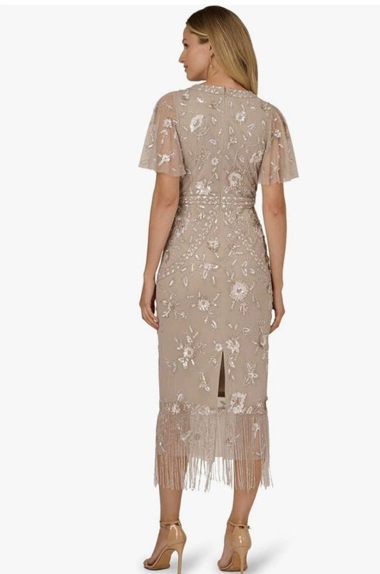 Adrianna Papell AP1E212716 Flutter Sleeve Beaded Fringe Midi Dress