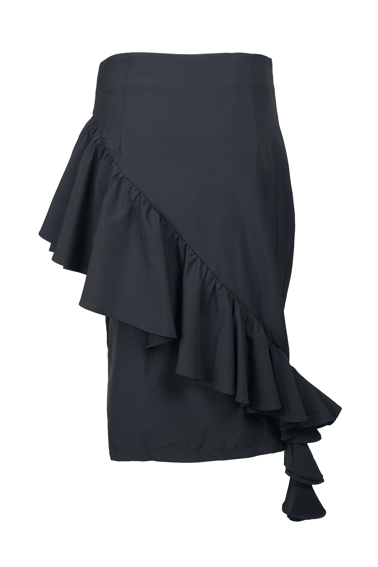 Why Dress Mid Waist Ruffled Zipper Side Solid Crepe Skirt - BLACK - Back