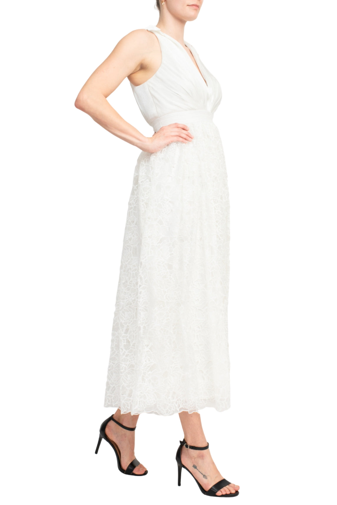 Badgley Mischka Crepon-paneled Guipure Lace Midi Shirt Dress - Wholesale - WHITE - Side