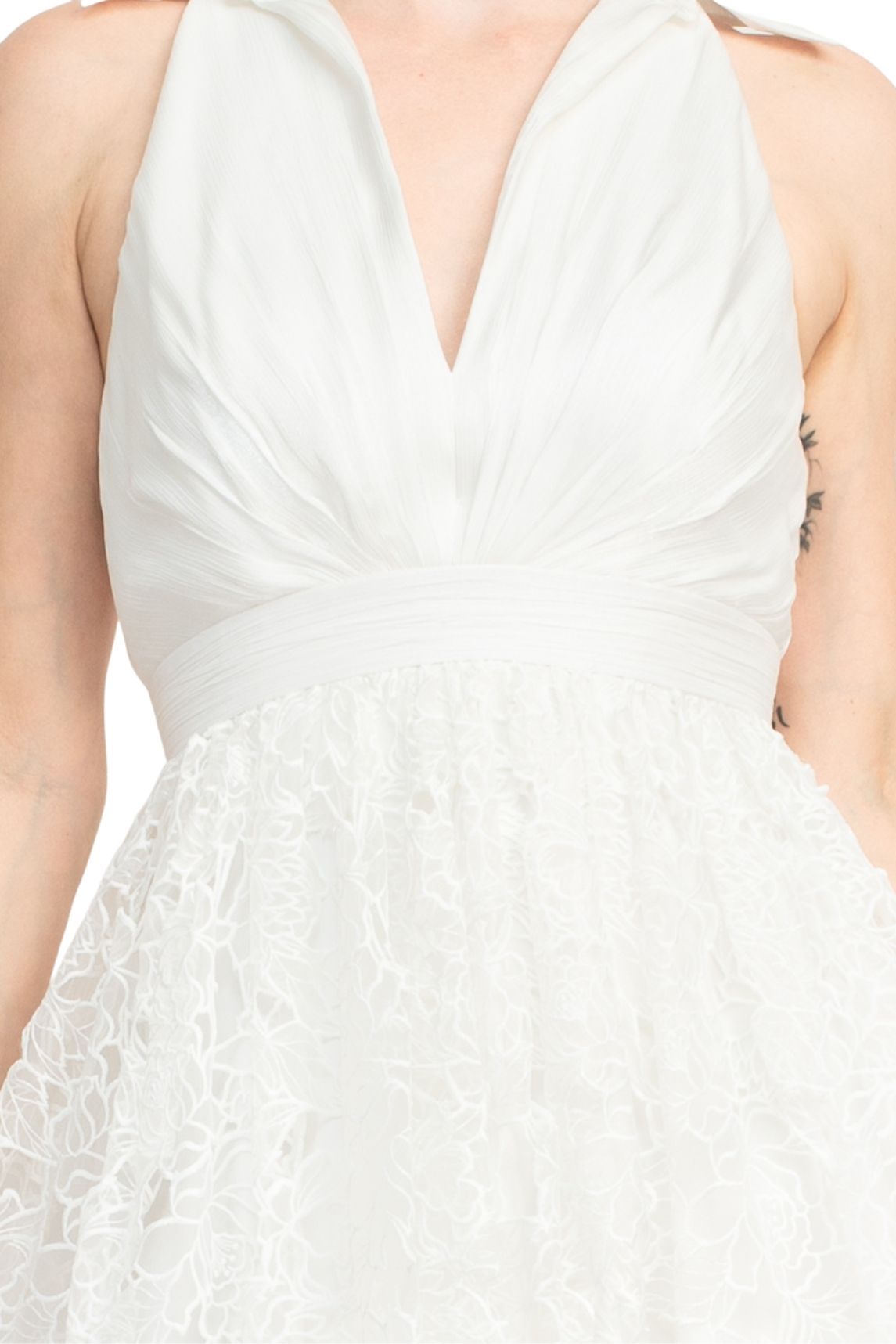 White Halter Neck Midi-Length Lace Cocktail A-Line Dress Sheer Bodice Badgley Mischka SC3965