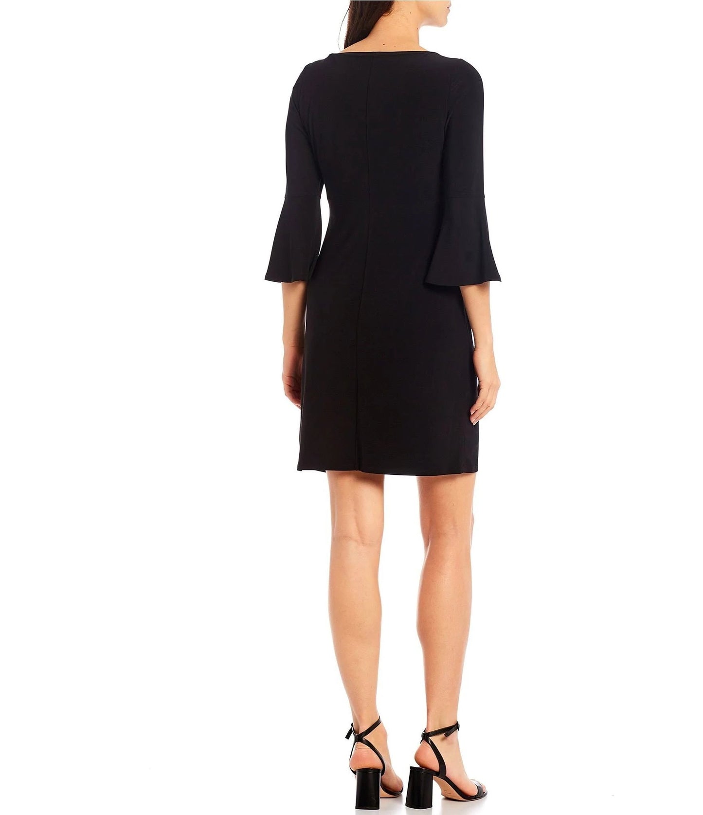 Marina Boat Neck Embellished Keyhole Front 3/4 Bell Sleeve Solid ITY Short Dress - BLACK - BACK