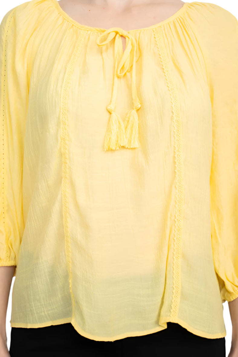 Zac & Rachel Scoop Neck Tie Neck 3/4 Sleeve Solid Crepe Chiffon Top - SUNSHINE - Fabric