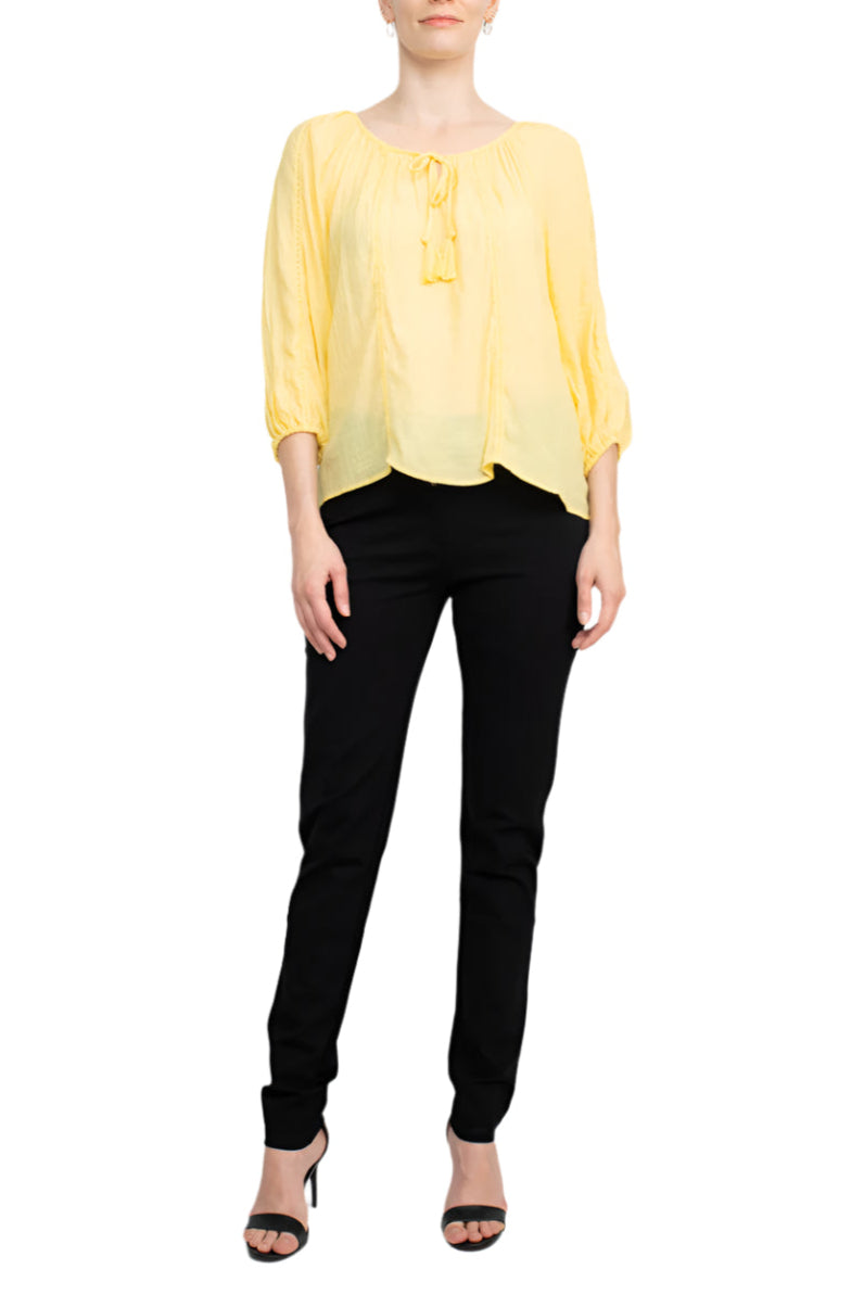 Zac & Rachel Scoop Neck Tie Neck 3/4 Sleeve Solid Crepe Chiffon Top - SUNSHINE - Front Full View
