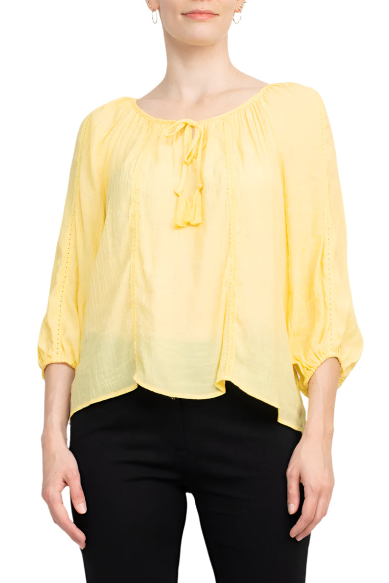 Zac & Rachel Scoop Neck Tie Neck 3/4 Sleeve Solid Crepe Chiffon Top - SUNSHINE - Front