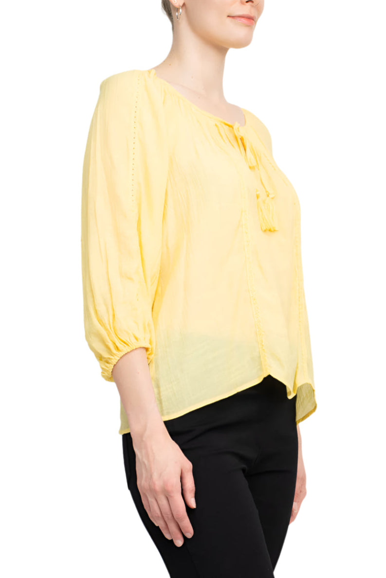 Zac & Rachel Scoop Neck Tie Neck 3/4 Sleeve Solid Crepe Chiffon Top - SUNSHINE - Side