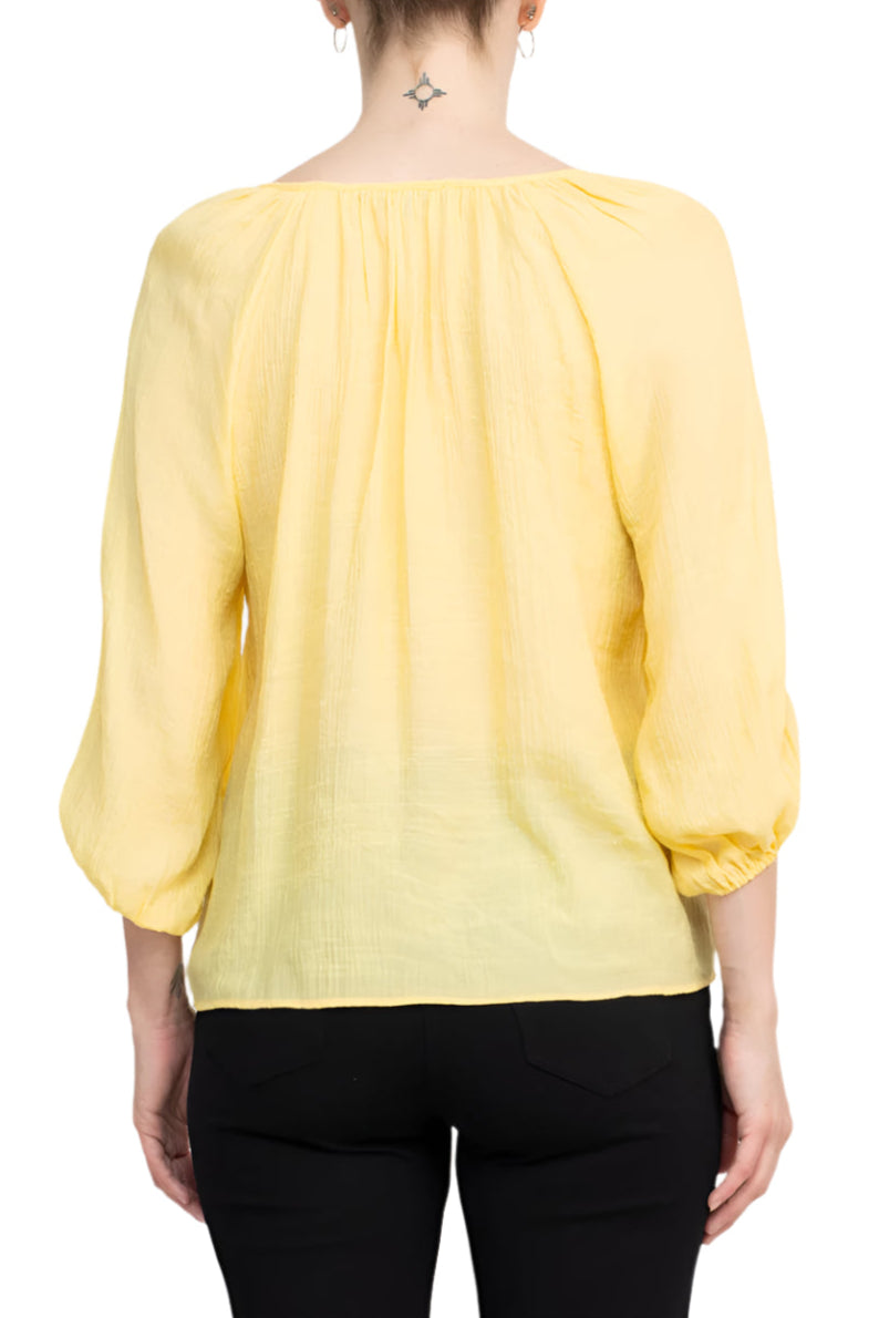 Zac & Rachel Scoop Neck Tie Neck 3/4 Sleeve Solid Crepe Chiffon Top - SUNSHINE - Back