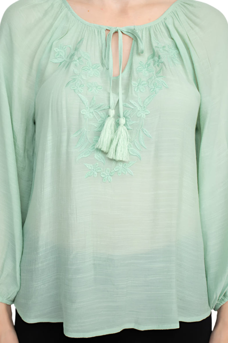 Zac & Rachel Scoop Neck Tie Neck Long Sleeve Solid Rayon Top - FROSTY GREEN - Fabric