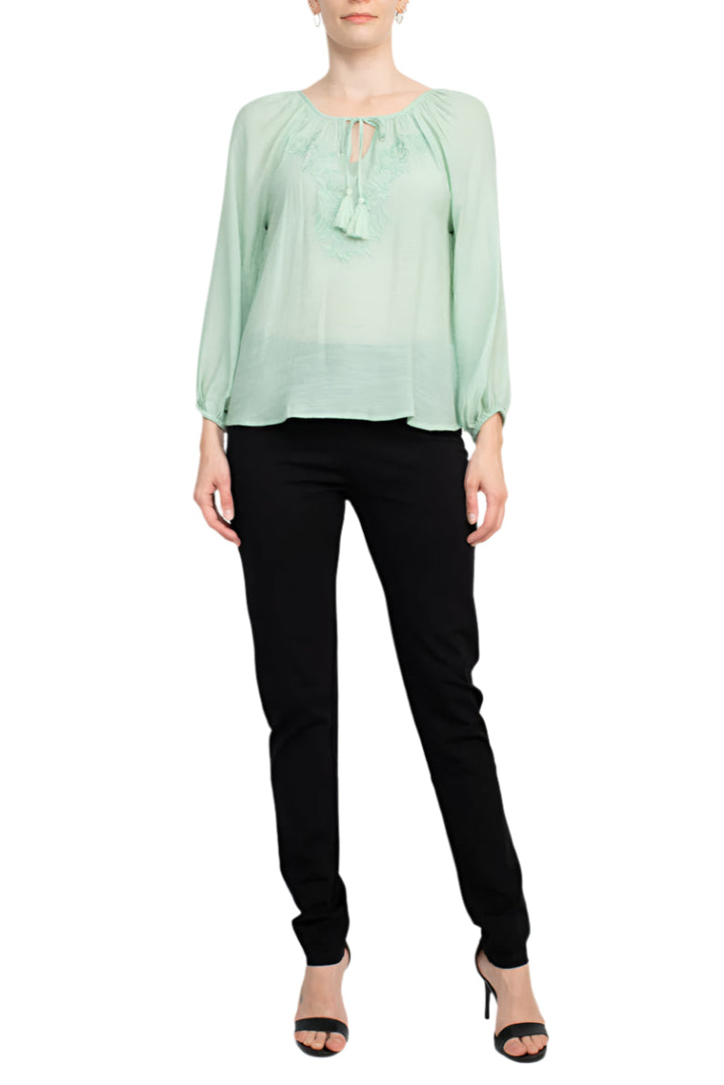 Zac & Rachel Scoop Neck Tie Neck Long Sleeve Solid Rayon Top - FROSTY GREEN - Front Full View
