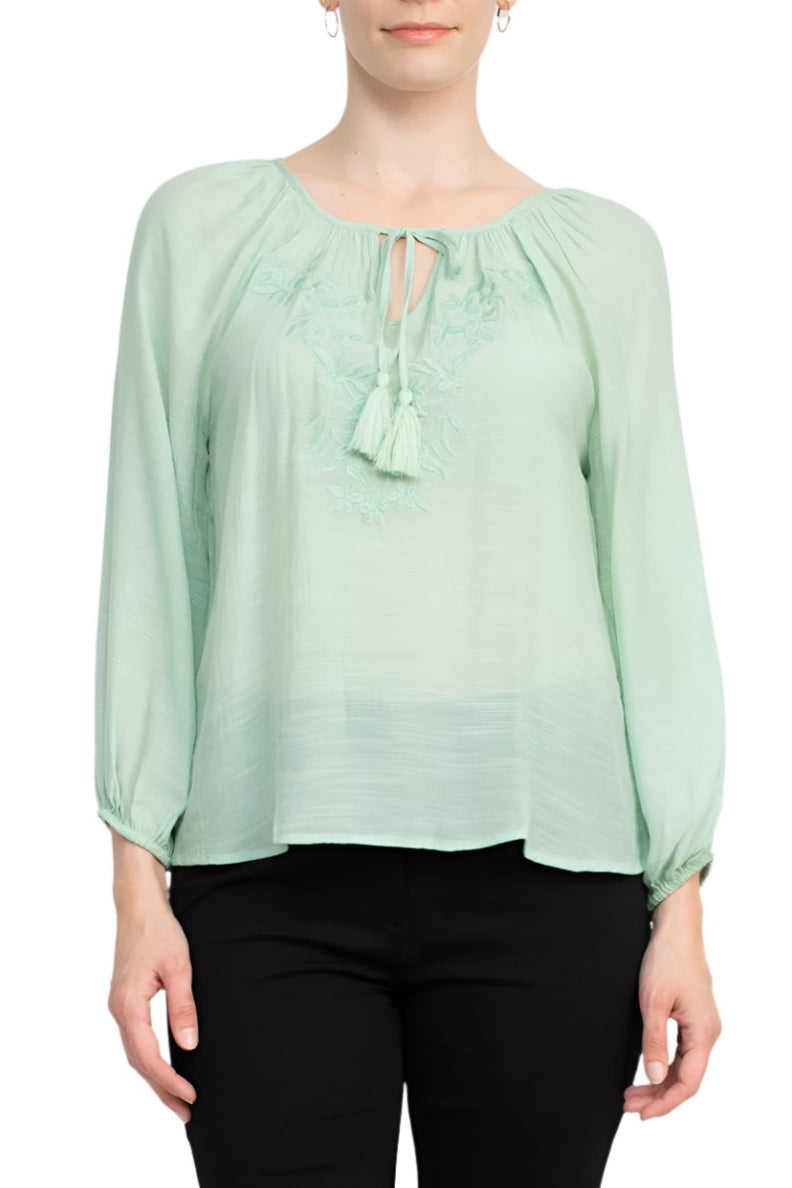 Zac & Rachel Scoop Neck Tie Neck Long Sleeve Solid Rayon Top - FROSTY GREEN - Front