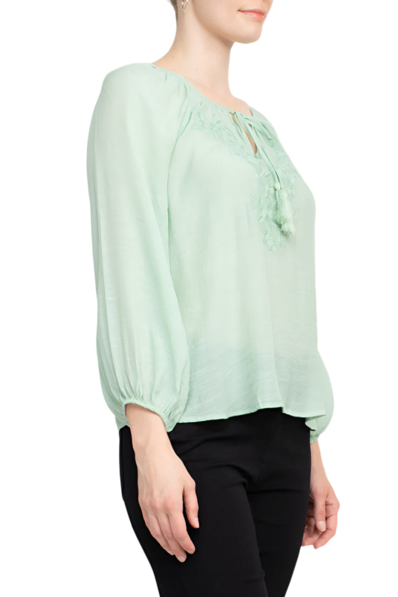 Zac & Rachel Scoop Neck Tie Neck Long Sleeve Solid Rayon Top - FROSTY GREEN - Side