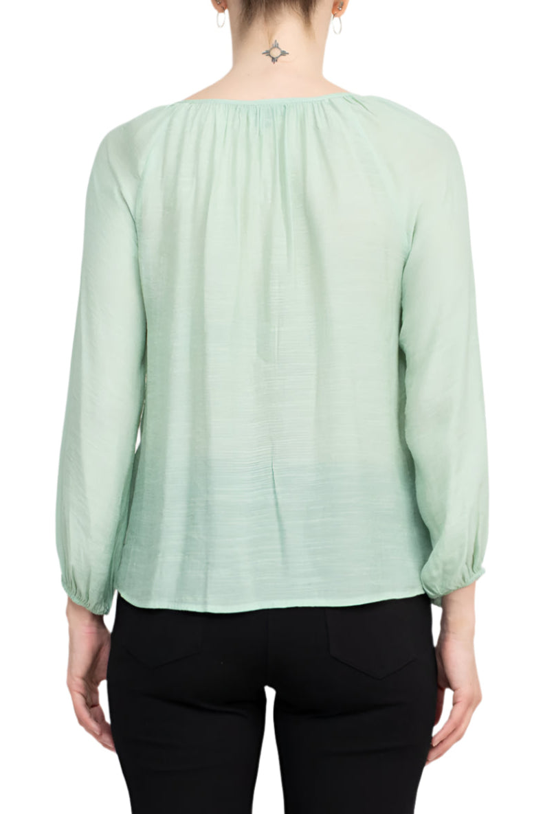 Zac & Rachel Scoop Neck Tie Neck Long Sleeve Solid Rayon Top - FROSTY GREEN - Back