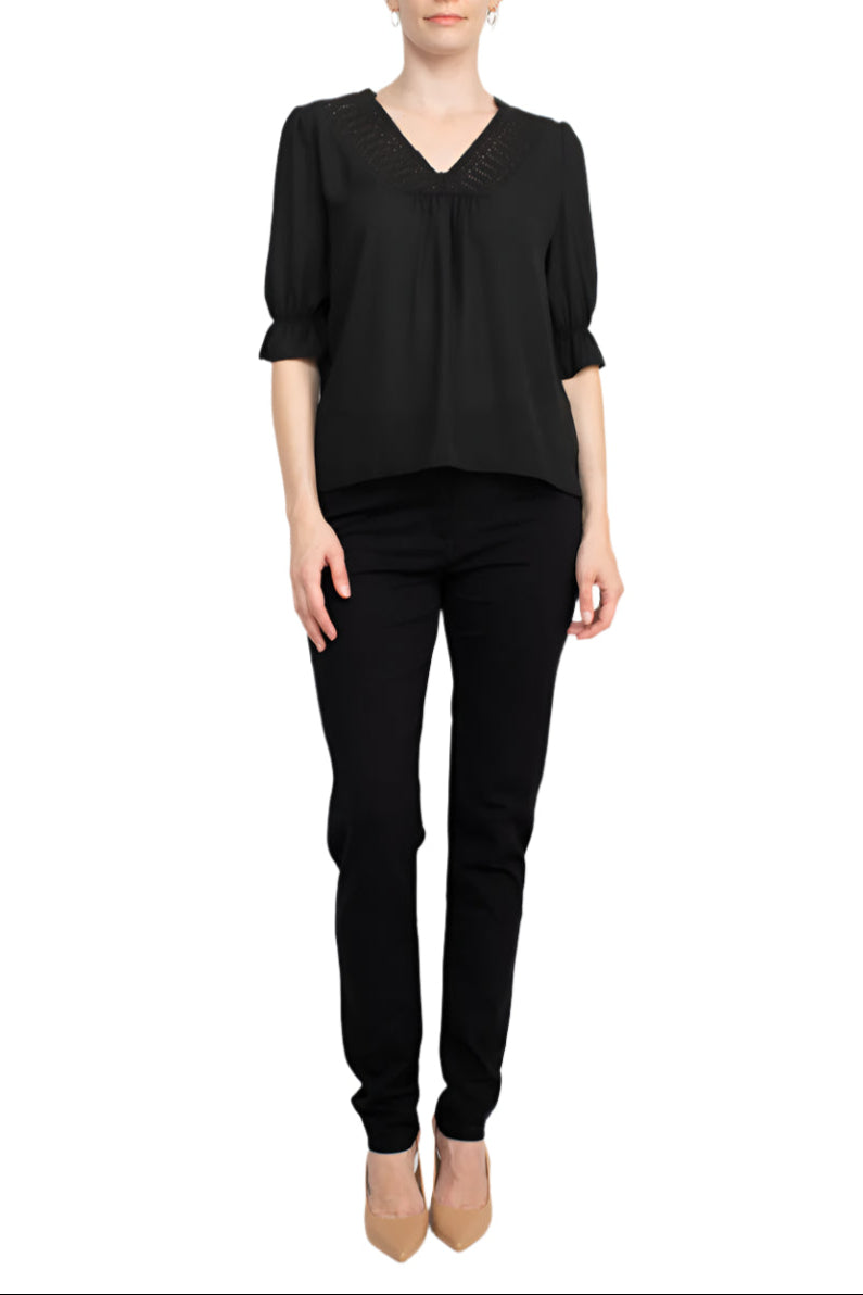 Zac & Rachel Lace V-Neck 3/4 Sleeve Solid Crepe Top - BLACK - Front Full View