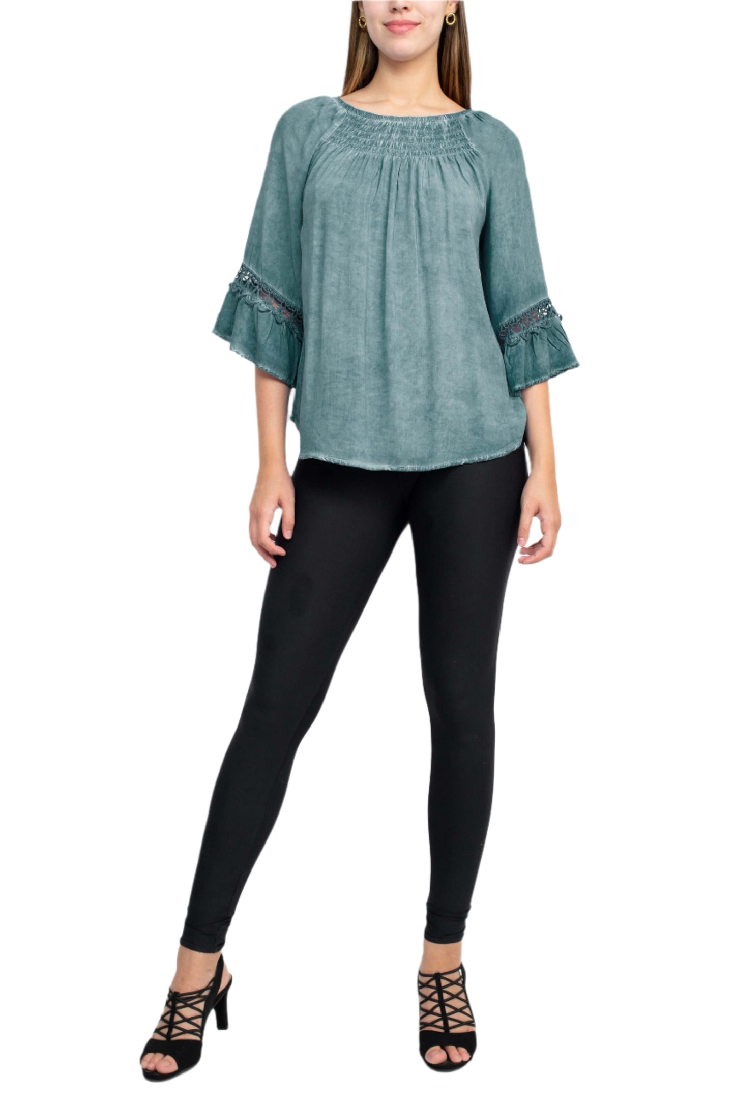 Floral + Ivy Round Neck 3/4 Sleeve Ruched Neck Rayon Top - DENIM - front full view