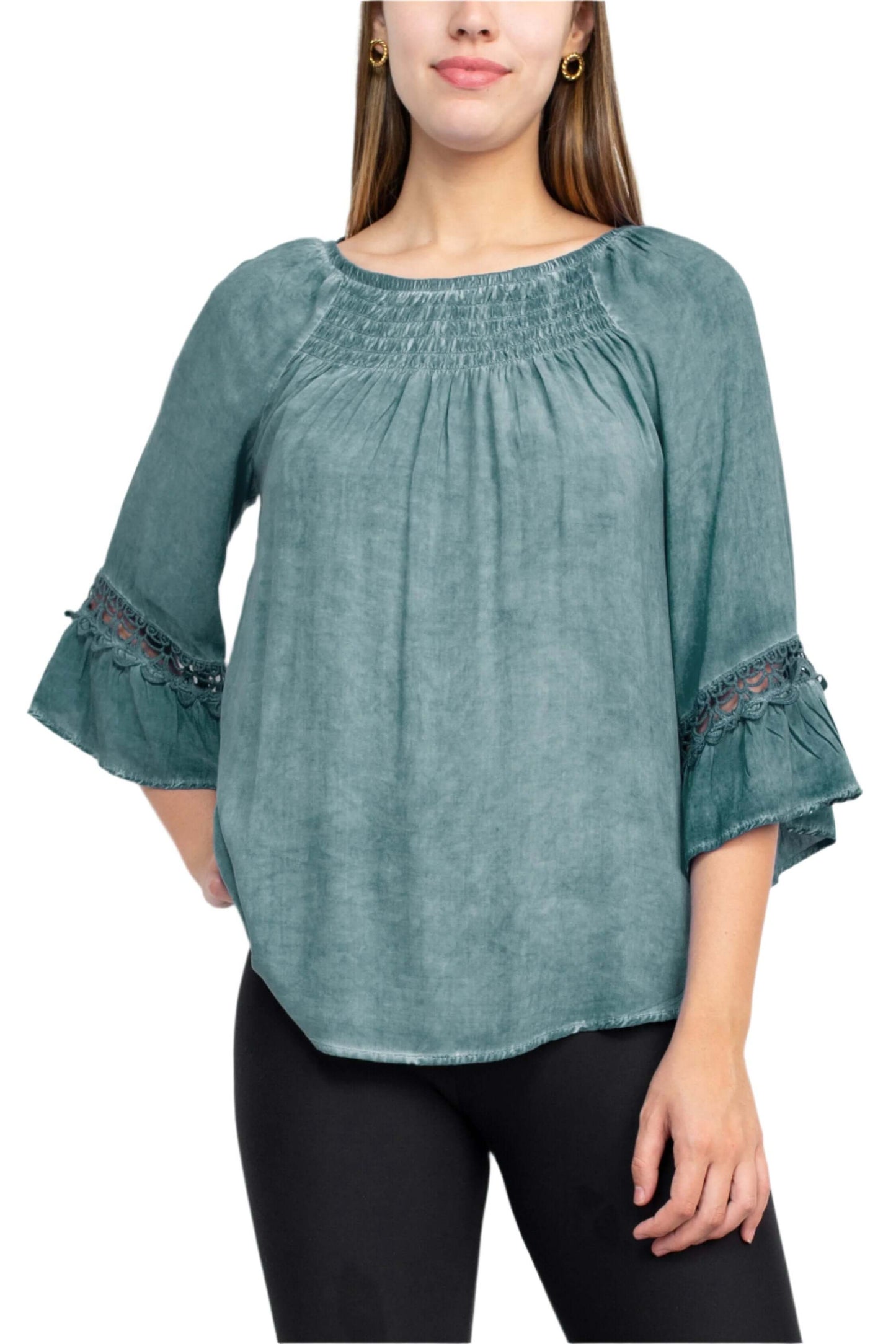 Floral + Ivy Round Neck 3/4 Sleeve Ruched Neck Rayon Top - DENIM - front