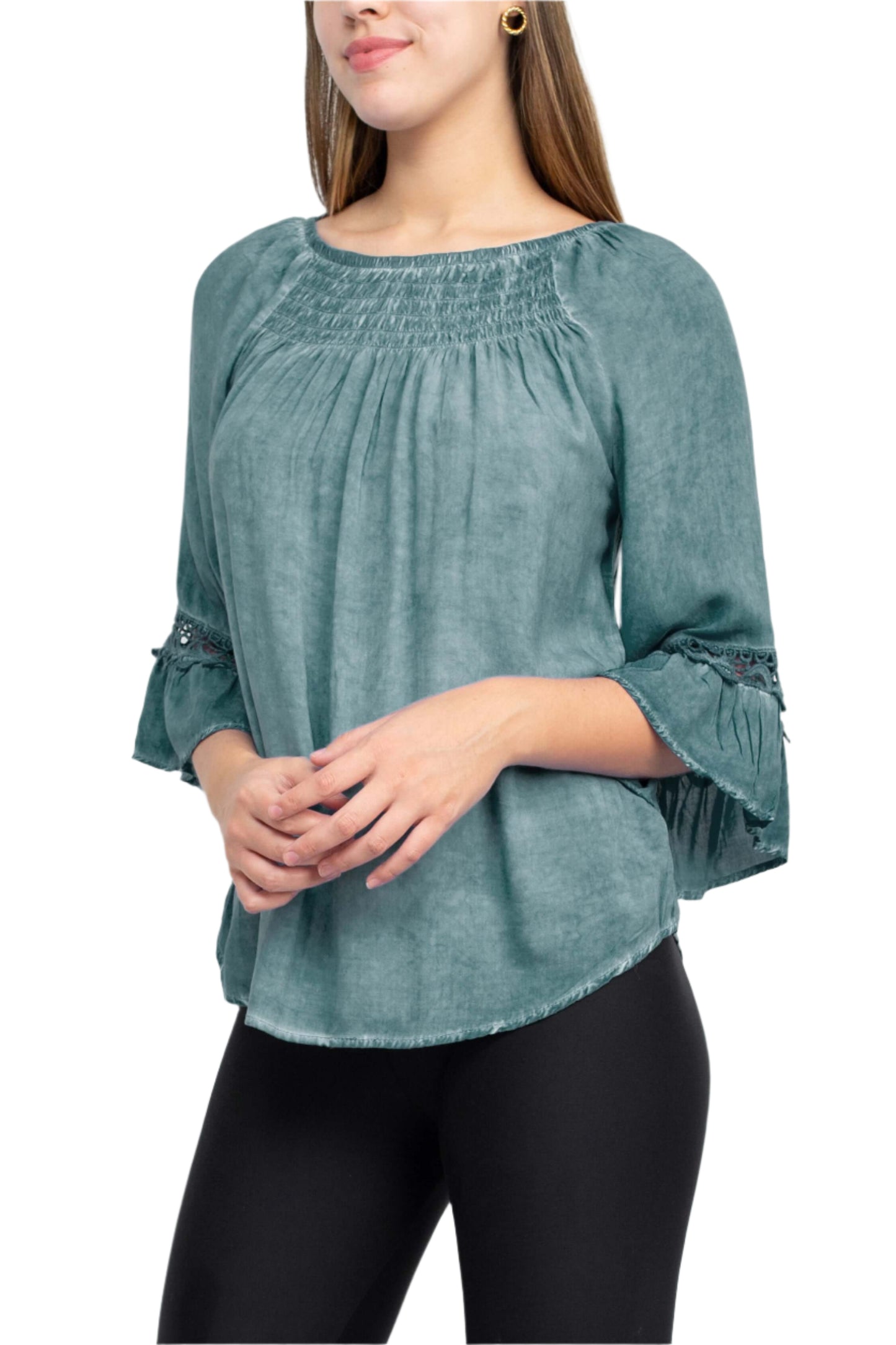 Floral + Ivy Round Neck 3/4 Sleeve Ruched Neck Rayon Top - DENIM - side