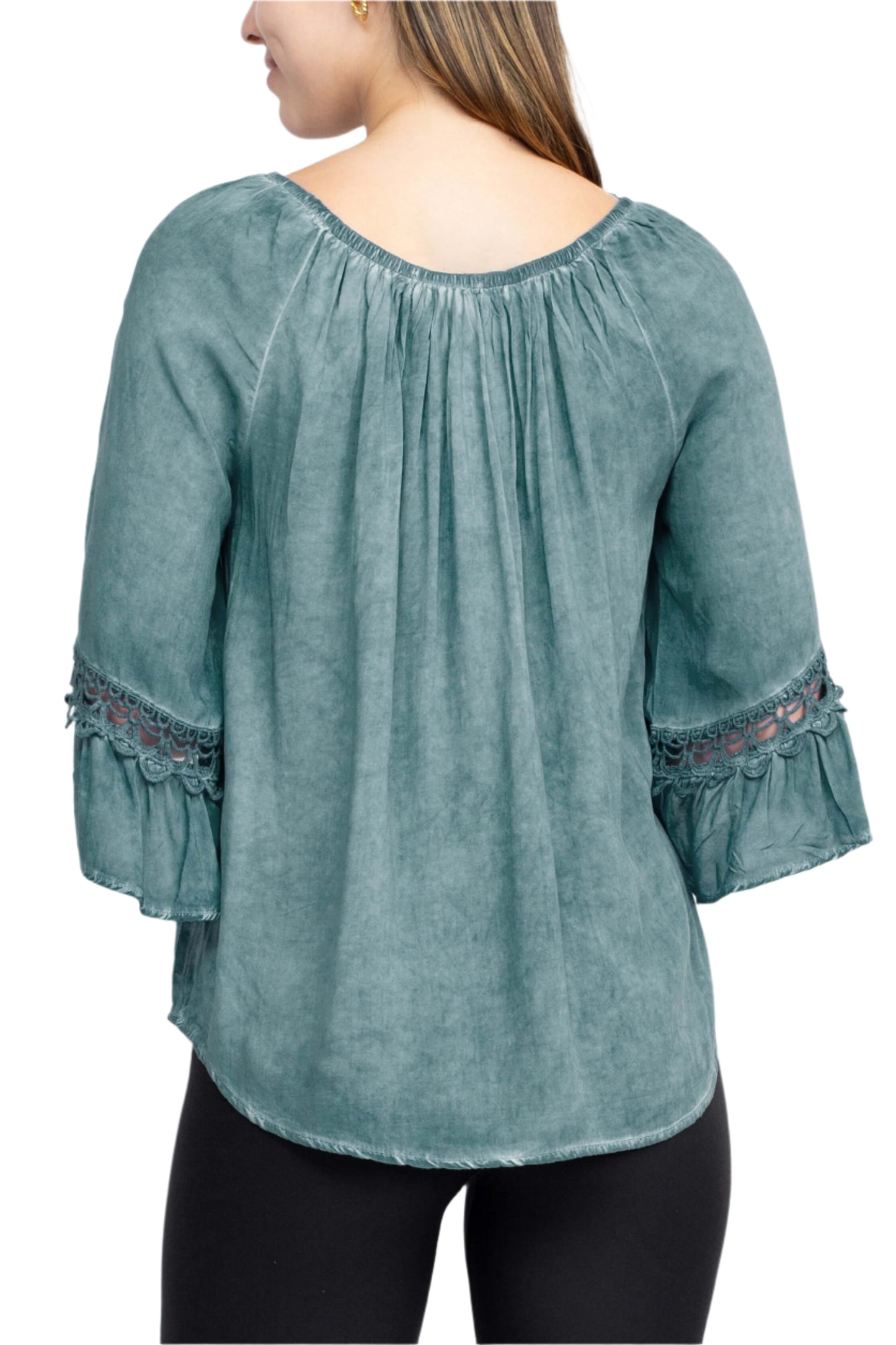 Floral + Ivy Round Neck 3/4 Sleeve Ruched Neck Rayon Top - DENIM - back