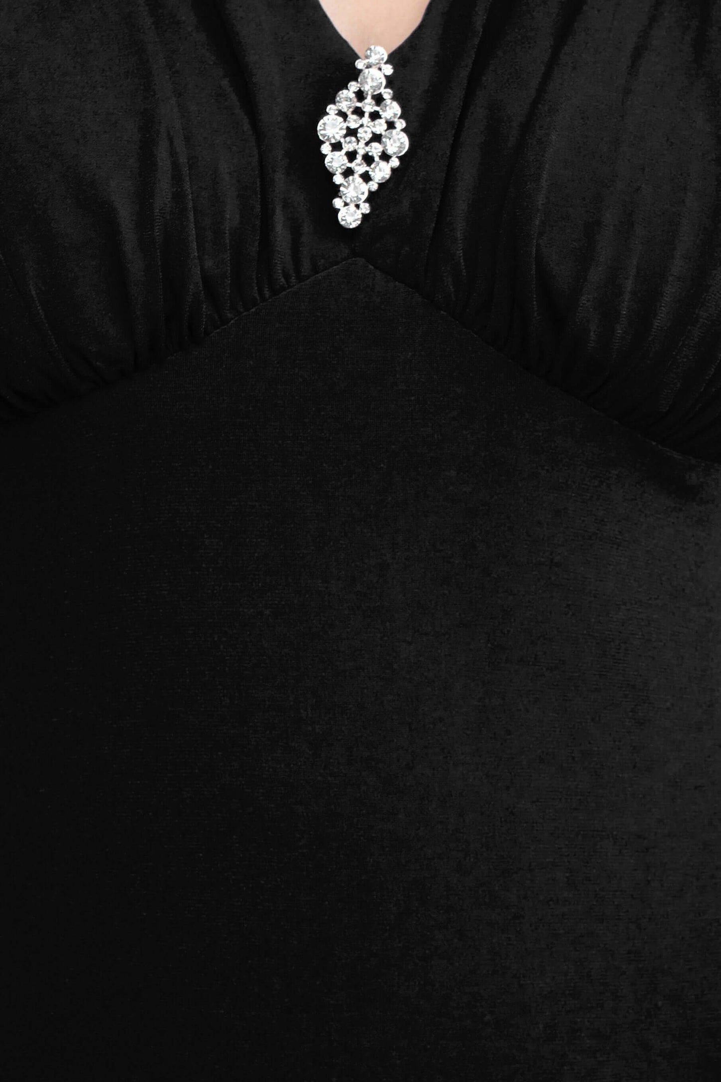 Connected Apparel Crossed Neck Sleeveless Jewelry Front Detail Ruched Empire Waist Solid Jersey Dress - BLACK - Fabric