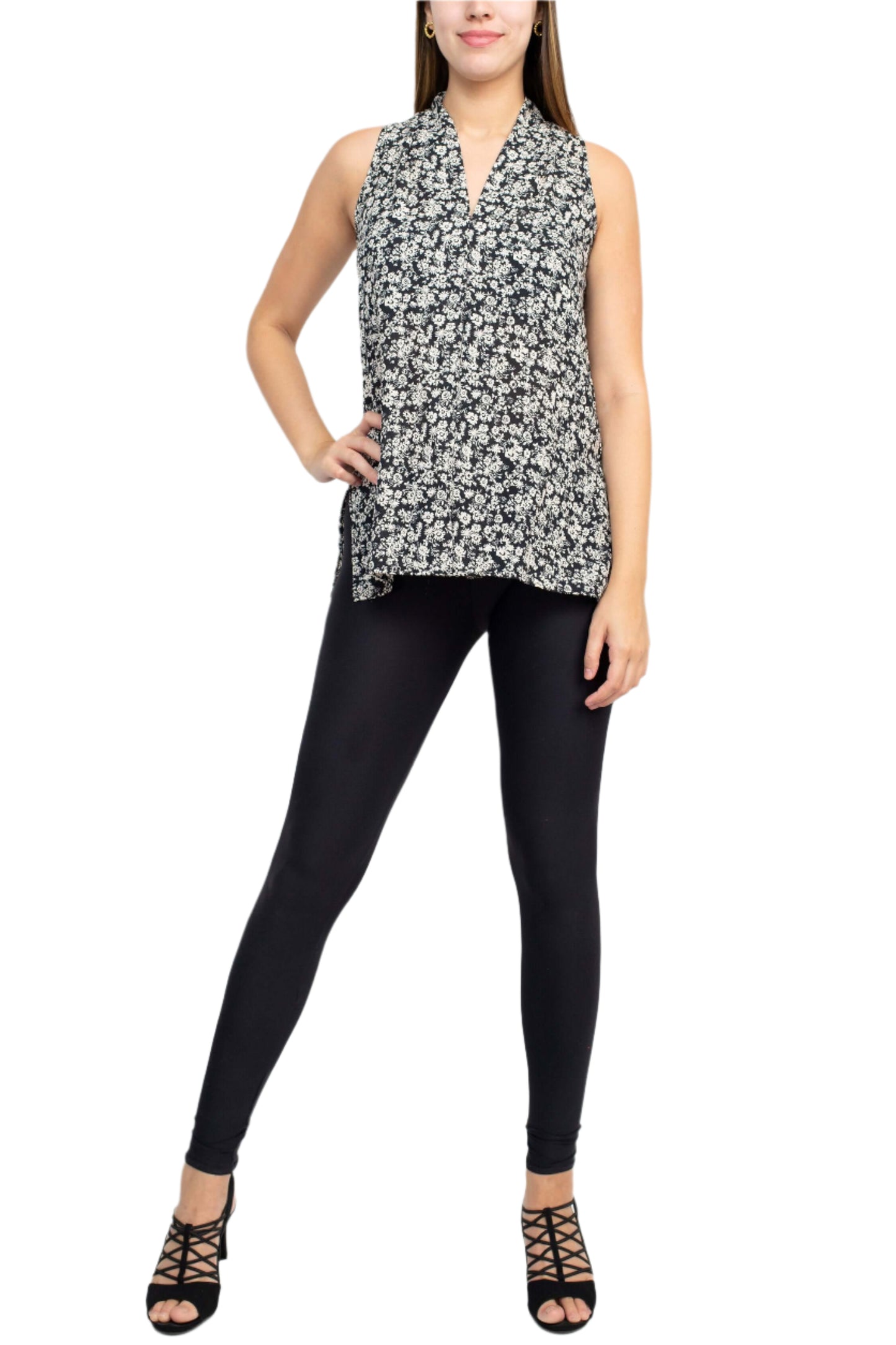 Floral + Ivy V-Neck Sleeveless Floral Print Slit Side Polyester Top - BLACK CREAM - front full view