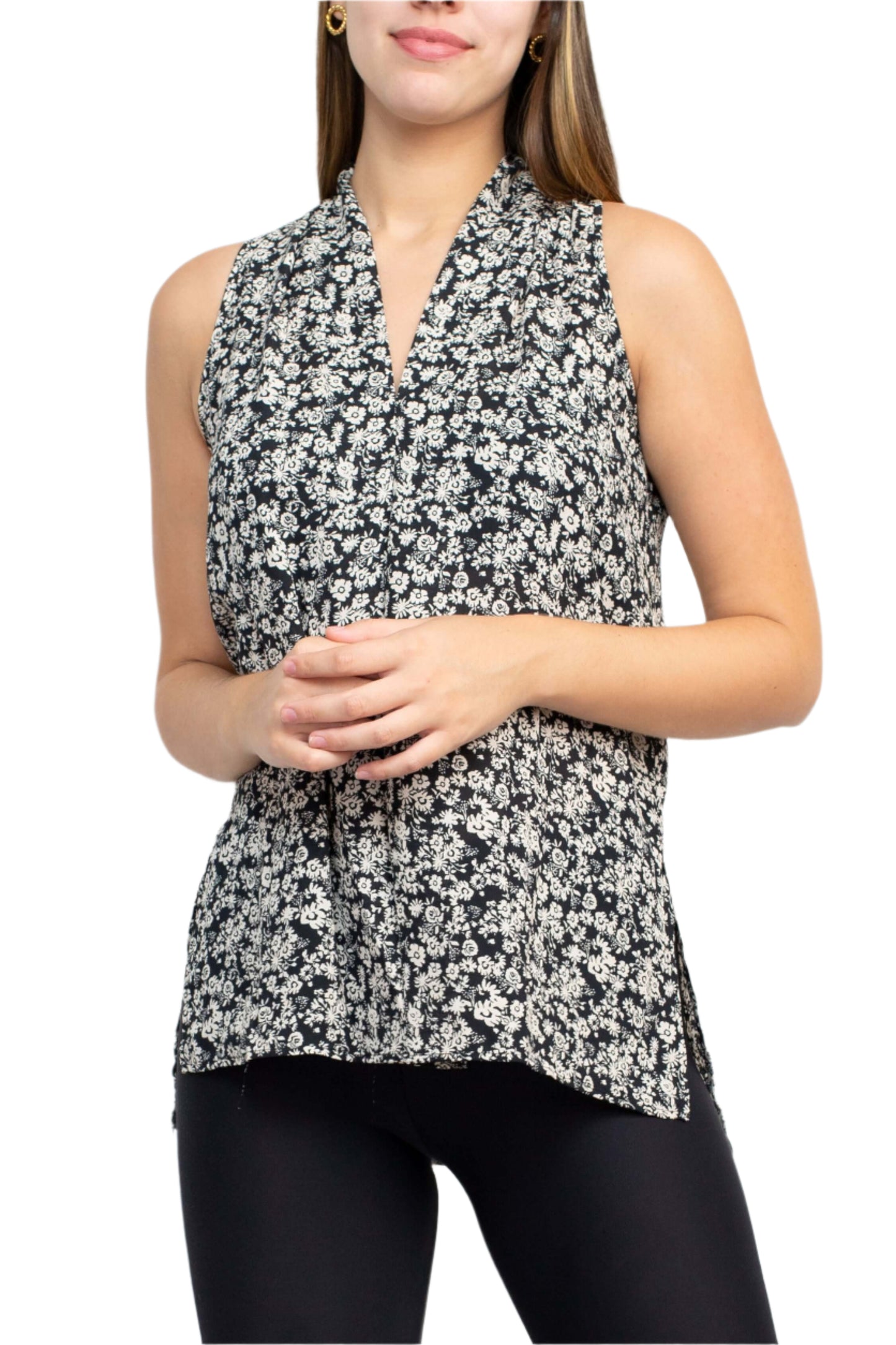 Floral + Ivy V-Neck Sleeveless Floral Print Slit Side Polyester Top - BLACK CREAM - front