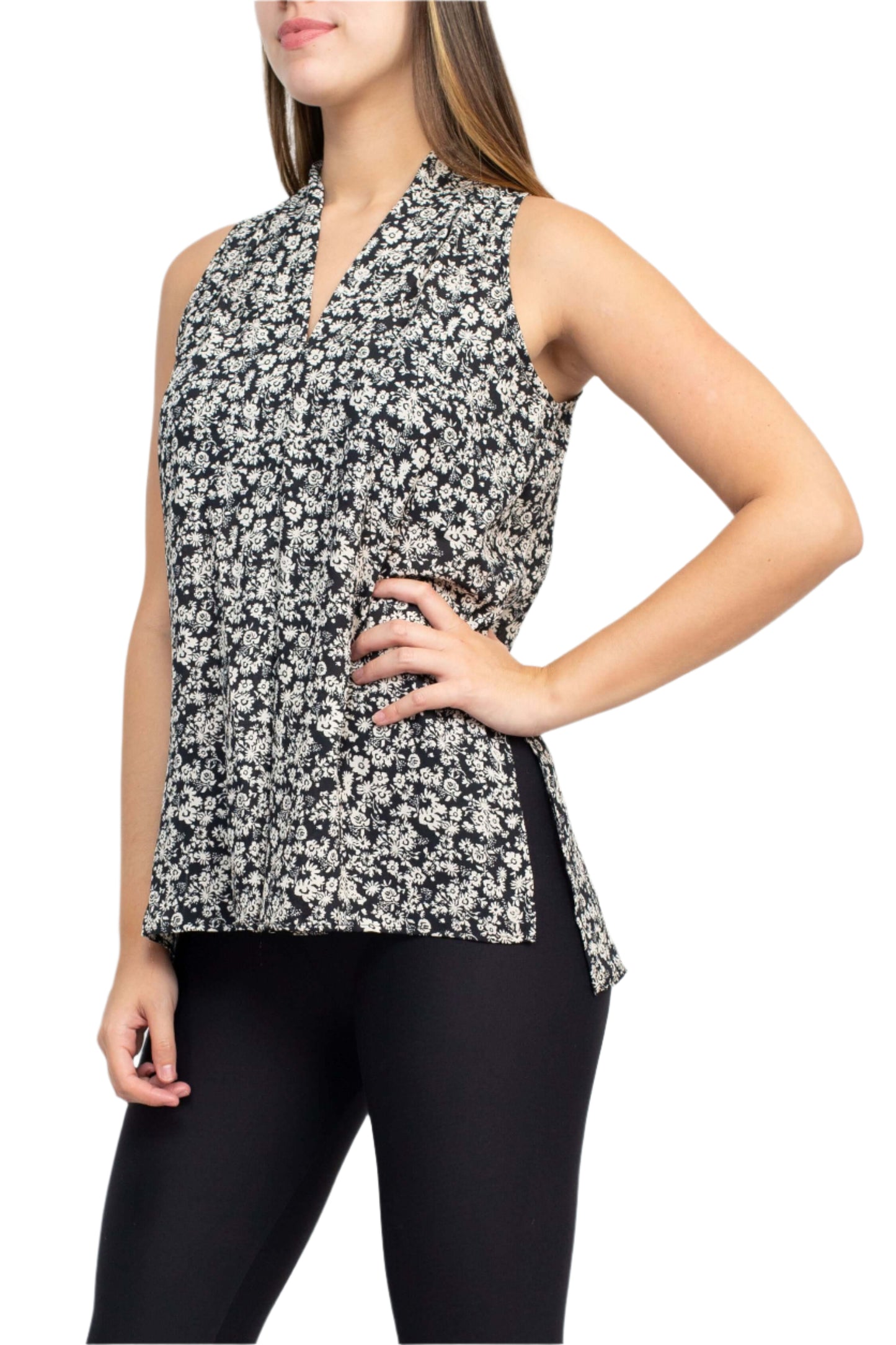Floral + Ivy V-Neck Sleeveless Floral Print Slit Side Polyester Top - BLACK CREAM - side