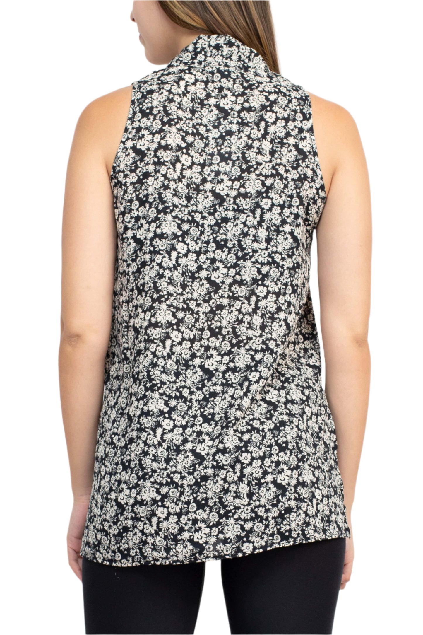 Floral + Ivy V-Neck Sleeveless Floral Print Slit Side Polyester Top - BLACK CREAM - back