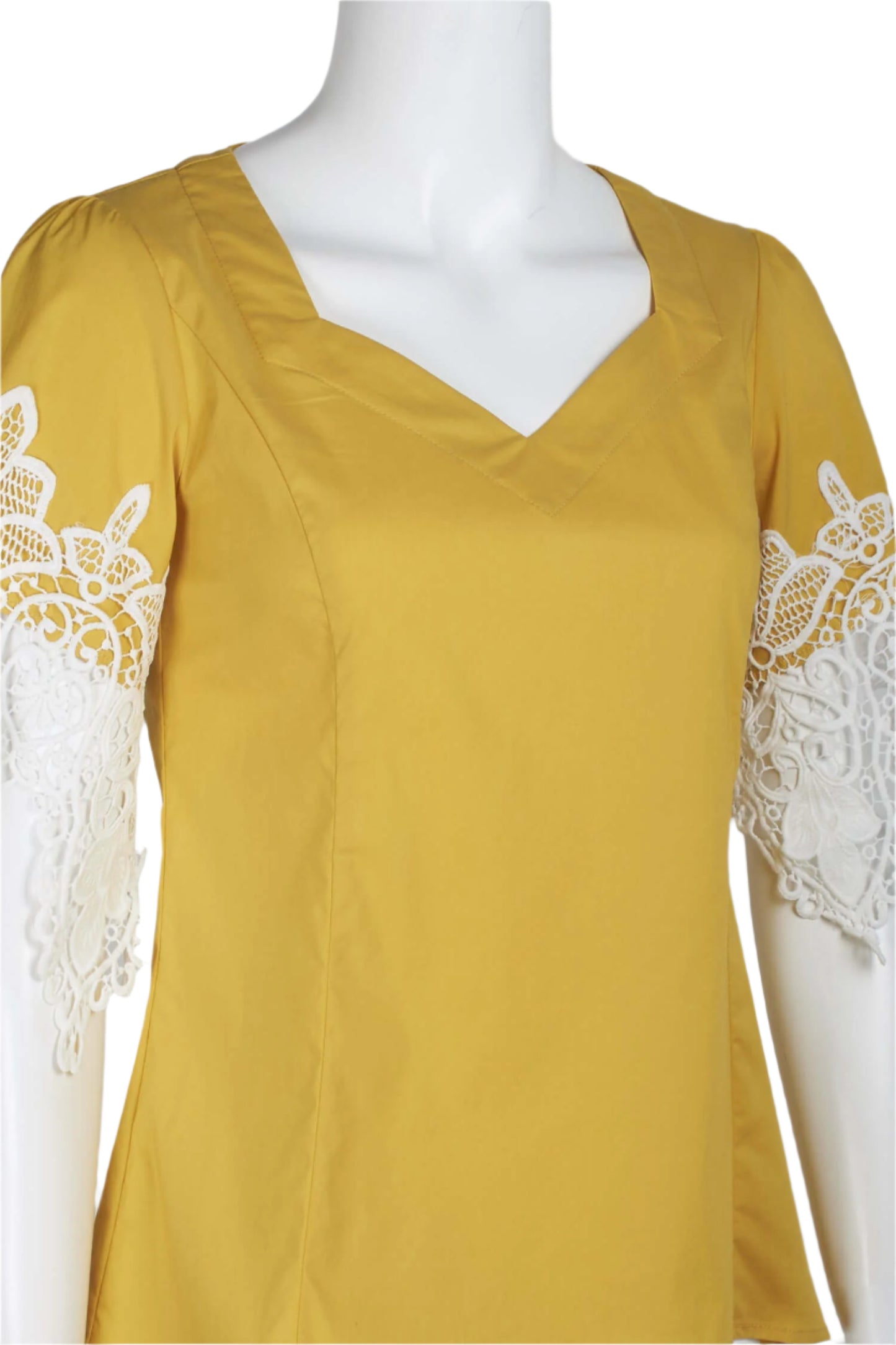 Why Dress V-Neck Short Lace Sleeve Zipper Back Cotton Top - MUSTARD - front