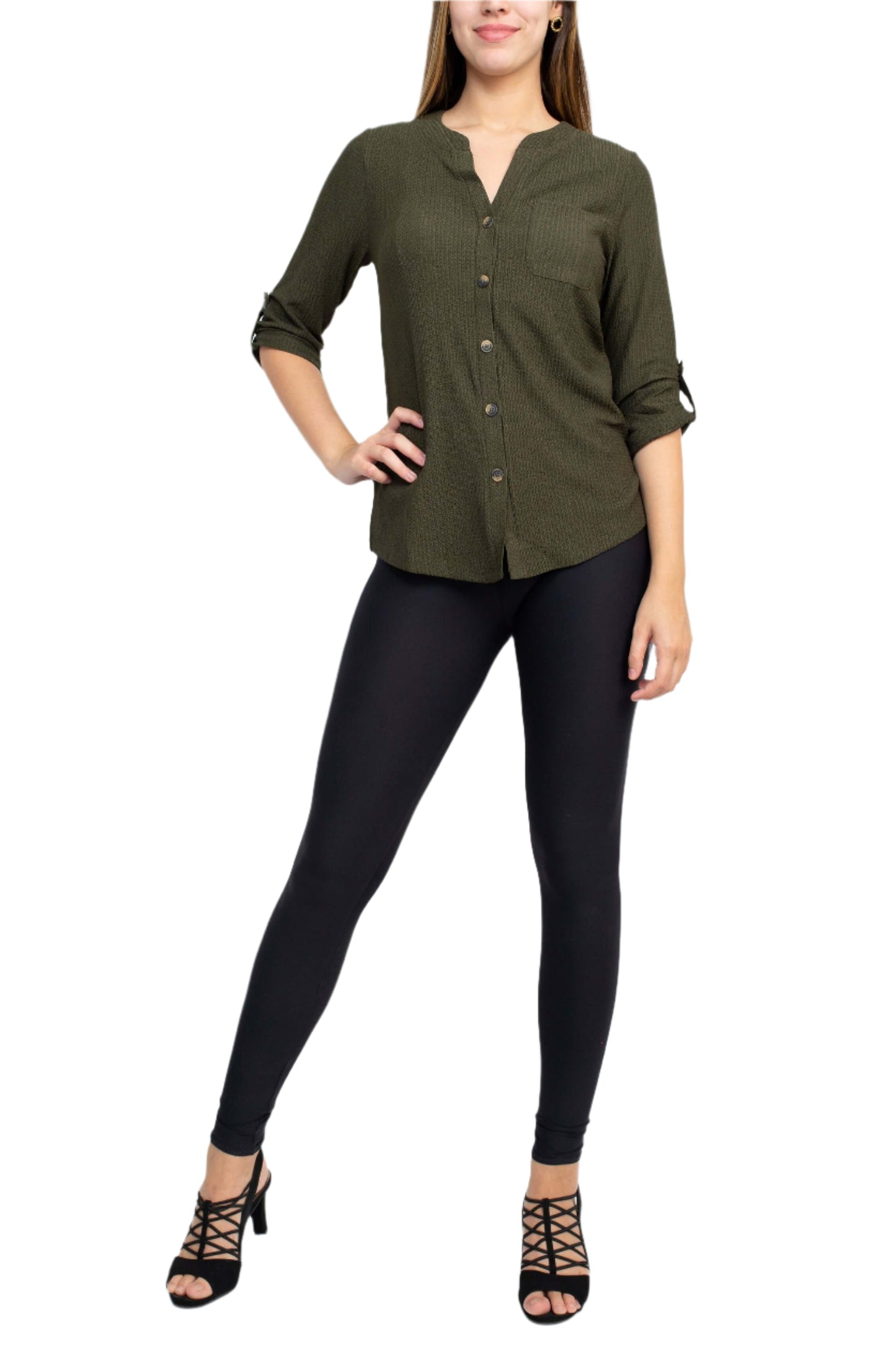 Floral + Ivy Notched Button Down 3/4 Sleeve Solid Knit Top with Front Pocket - GATOR - front full video