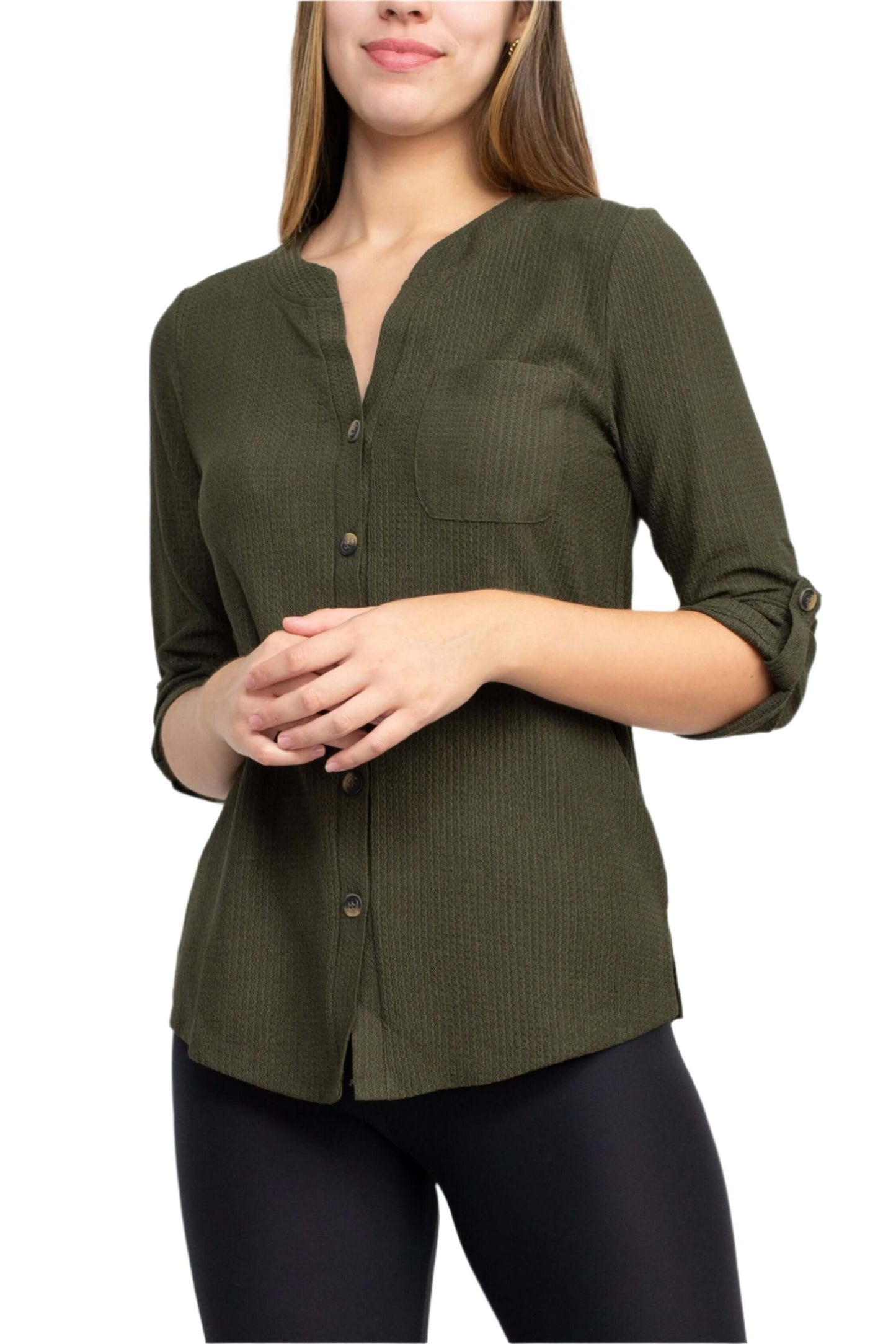 Floral + Ivy Notched Button Down 3/4 Sleeve Solid Knit Top with Front Pocket - GATOR - front