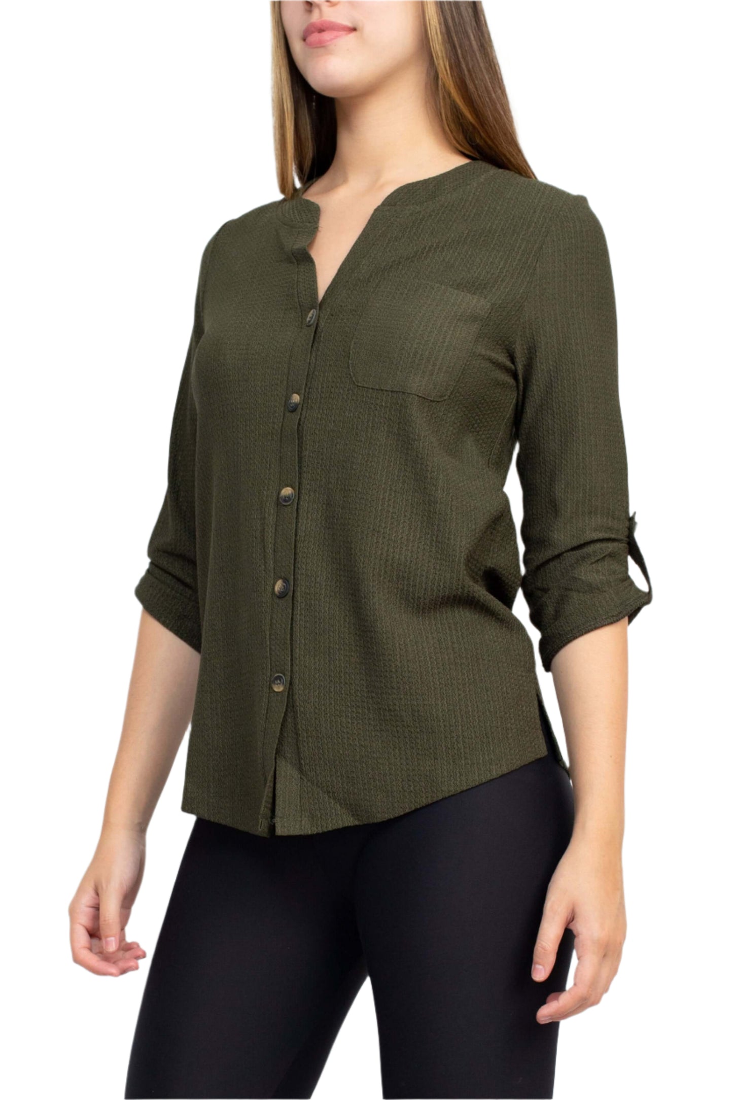 Floral + Ivy Notched Button Down 3/4 Sleeve Solid Knit Top with Front Pocket - GATOR - side
