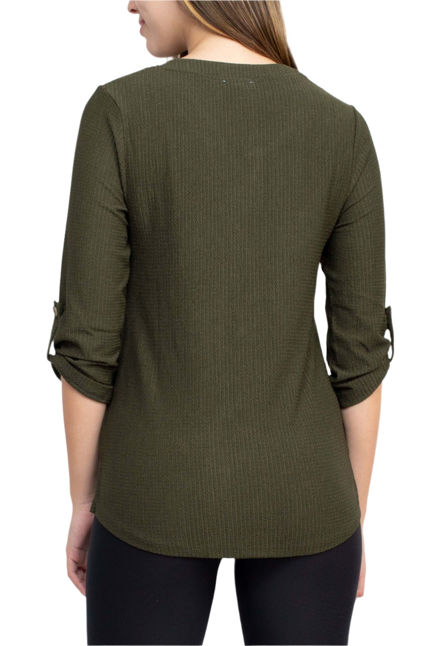 Floral + Ivy Notched Button Down 3/4 Sleeve Solid Knit Top with Front Pocket - GATOR - back