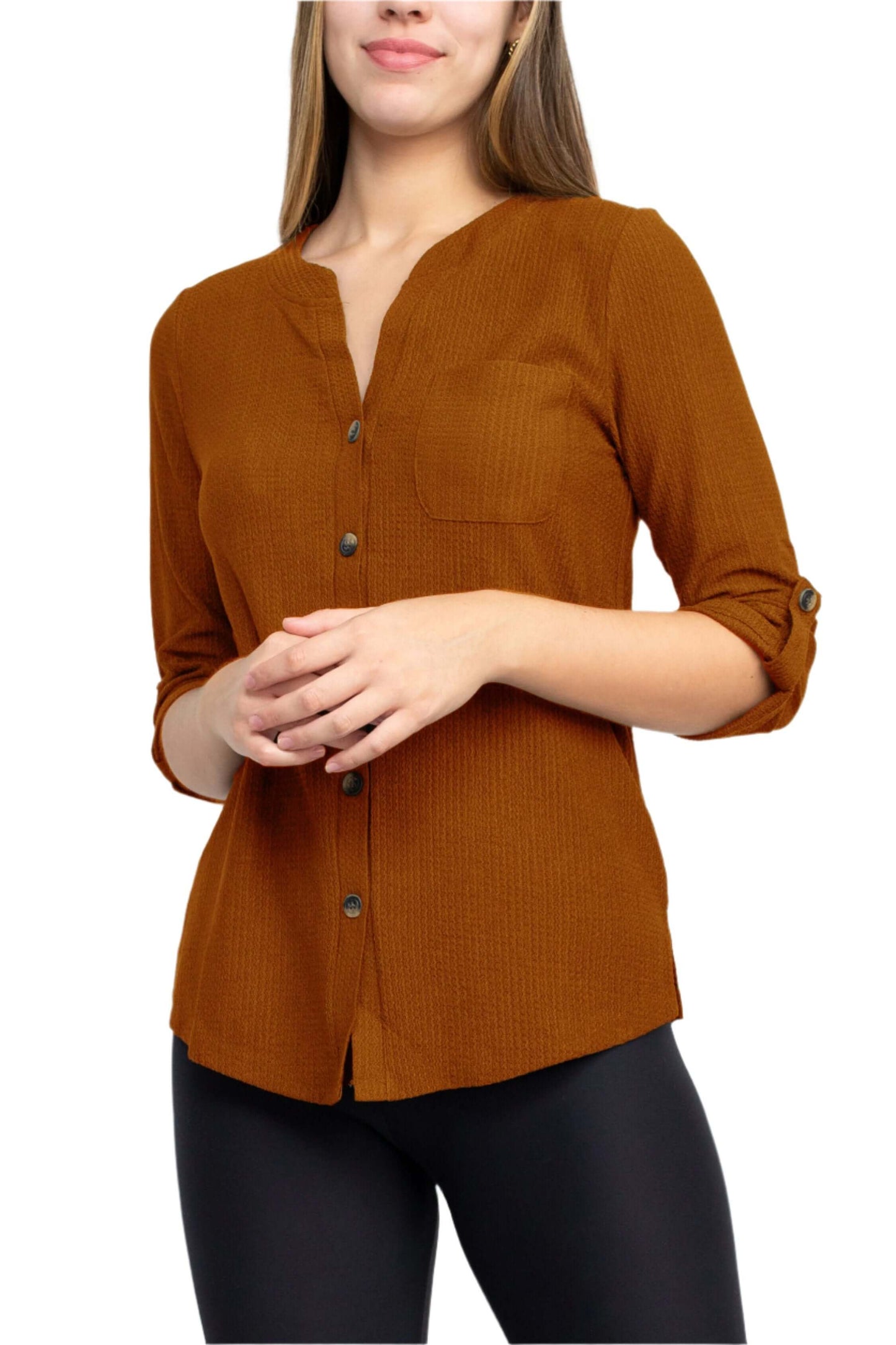 Floral + Ivy Notched Button Down 3/4 Sleeve Solid Knit Top with Front Pocket - MASALA - front