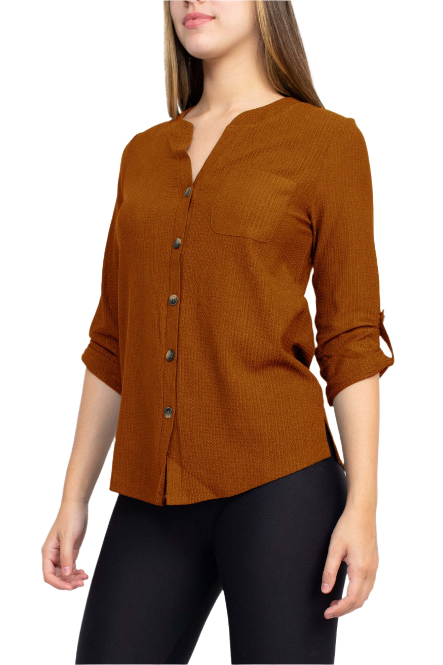 Floral + Ivy Notched Button Down 3/4 Sleeve Solid Knit Top with Front Pocket - MASALA - side