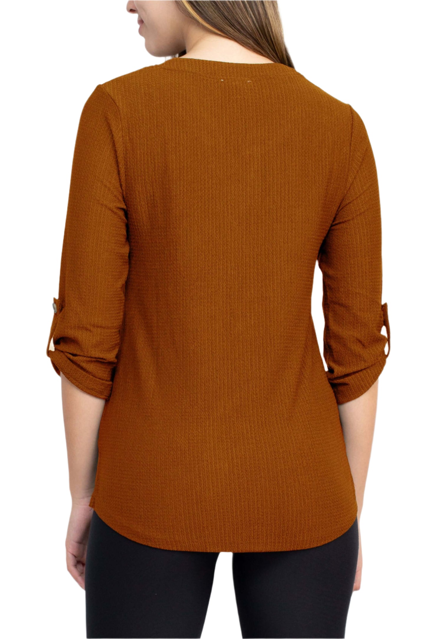 Floral + Ivy Notched Button Down 3/4 Sleeve Solid Knit Top with Front Pocket - MASALA - back