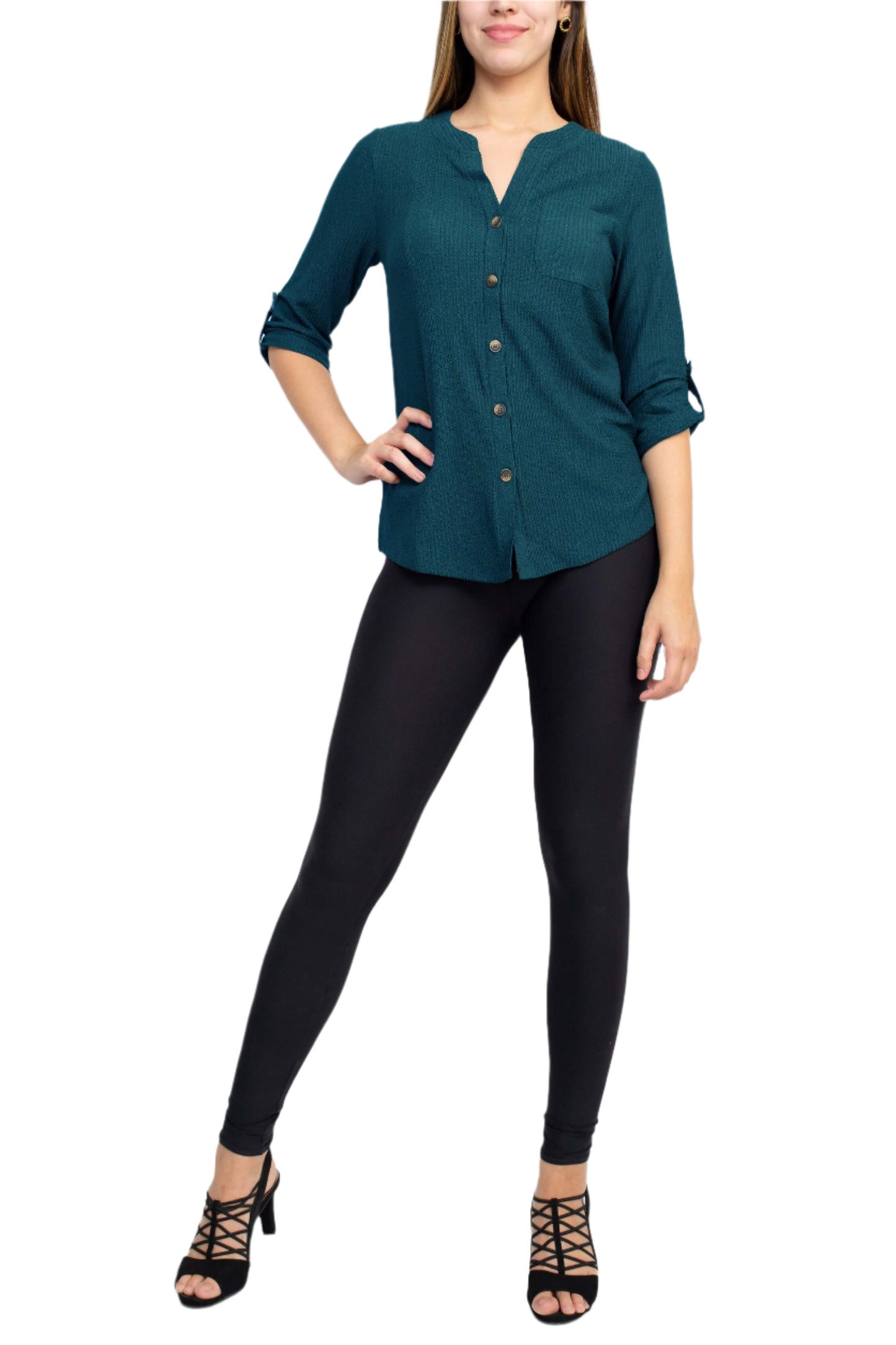 Floral + Ivy Notched Button Down 3/4 Sleeve Solid Knit Top with Front Pocket - TEAL - front full view