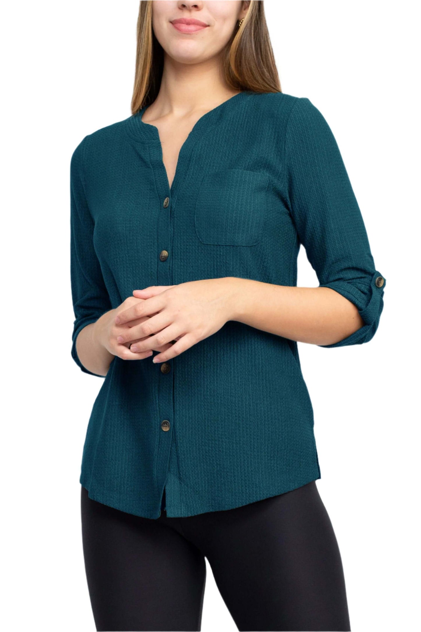 Floral + Ivy Notched Button Down 3/4 Sleeve Solid Knit Top with Front Pocket - TEAL - front
